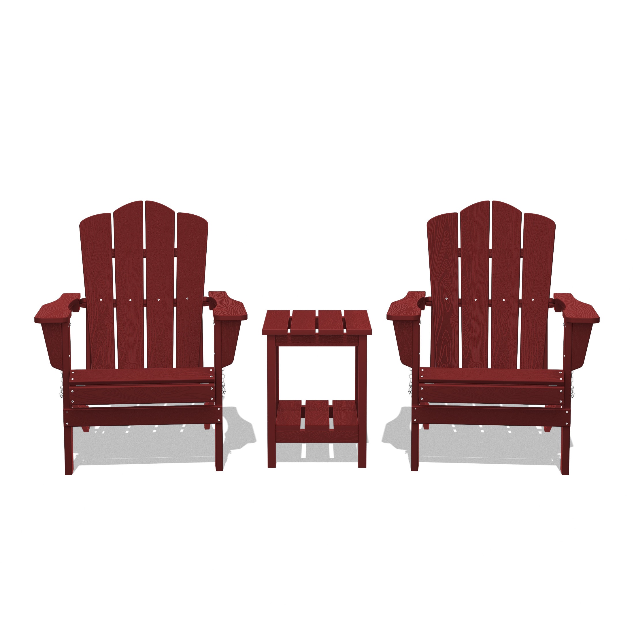 JEAREY YDZDY3JT-DR Patio Folding Adirondack Chair Set of 2 with a Side Table Set of 2 Stackable Dark Red HDPE Frame Stationary Adirondack Chair with Slat Seat