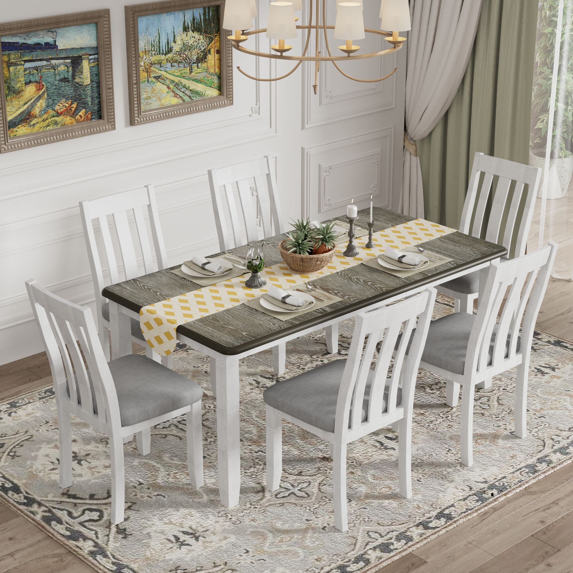 JANSNO DKSELL010 Antique brown Rustic Dining Room Set with Rectangular Table ( Seats 6 )