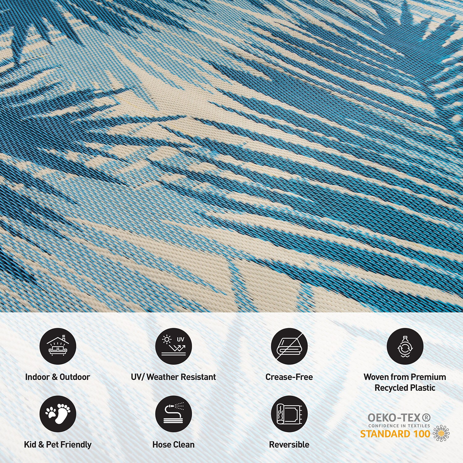 Tropical Blue Floral Reversible Synthetic Outdoor Area Rug