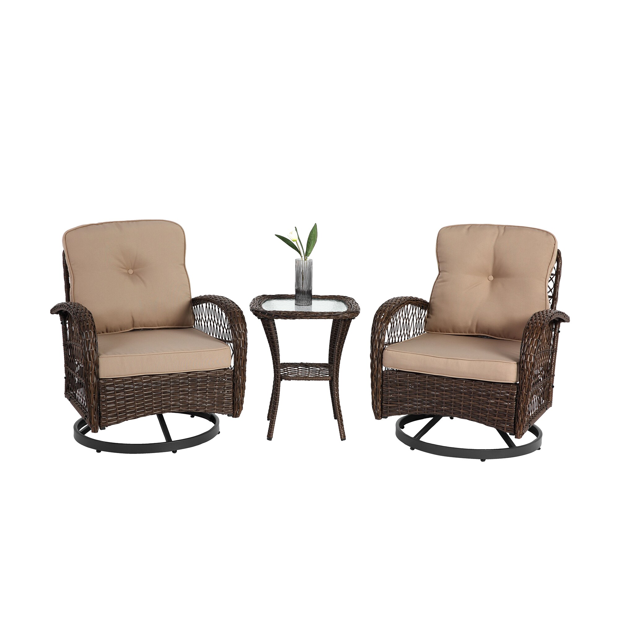 LIVIZA GIGP263673 Set of 2 Rattan Brown Steel Frame Stationary Conversation Chair with Brown Cushioned Seat