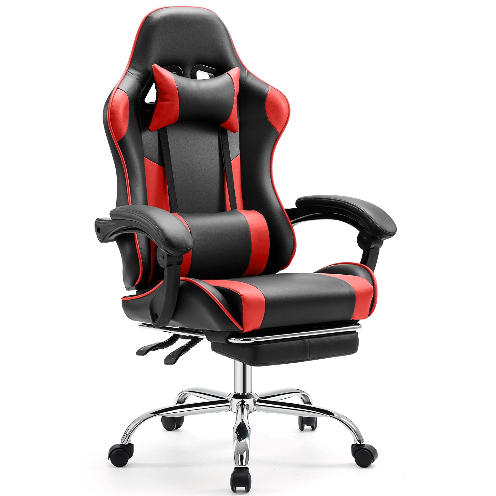 Flynama L-P215386 Black+Red Contemporary Ergonomic Adjustable Height Swivel Faux Leather Gaming Chair
