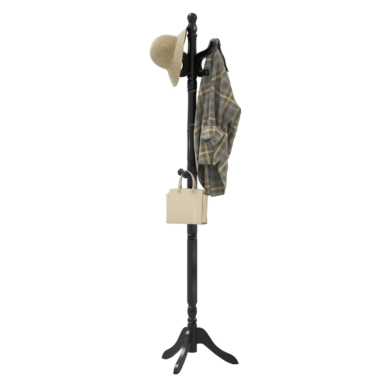 Volenca 72-in Rubber Wood Hall Tree Coat Rack with 11 Hooks 3 Height Options Tripod Base Black