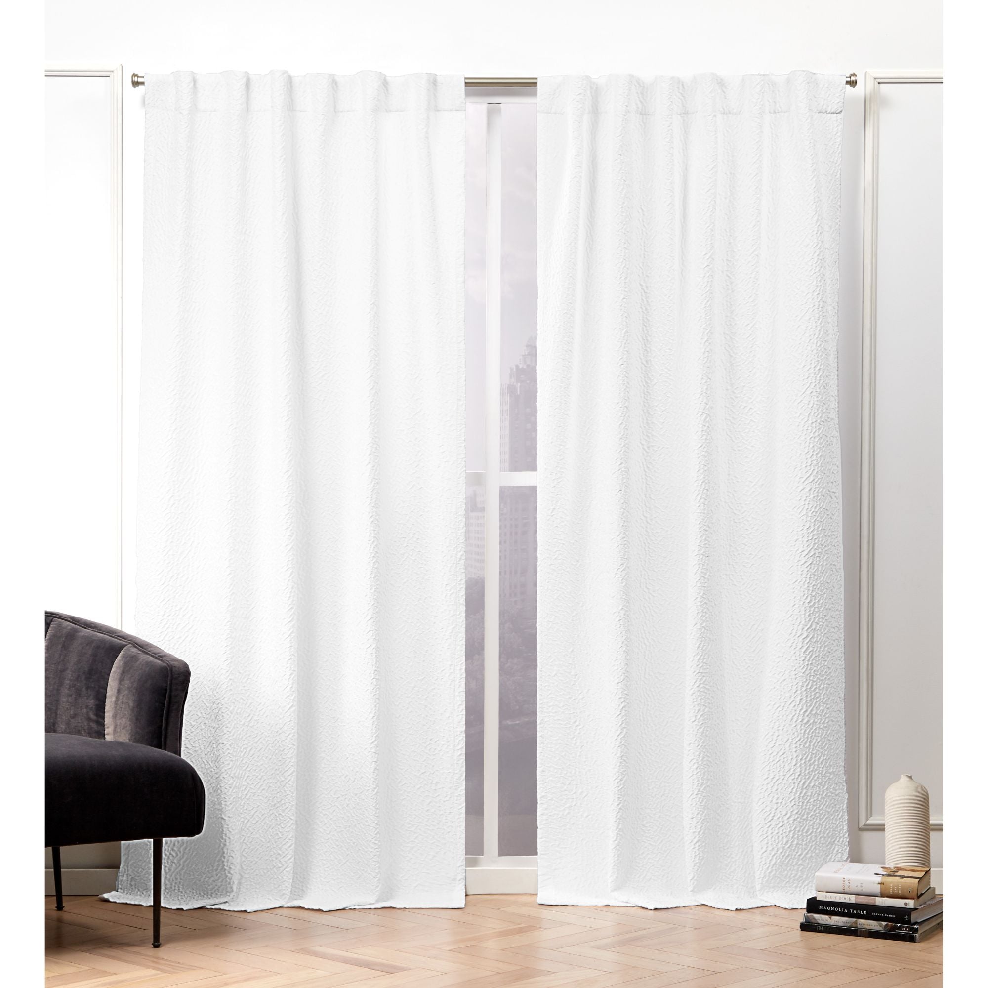 Nicole Miller EN7023-01 2-84H 84-Inches White Abstract Light filtering Back tab Curtain panel pair