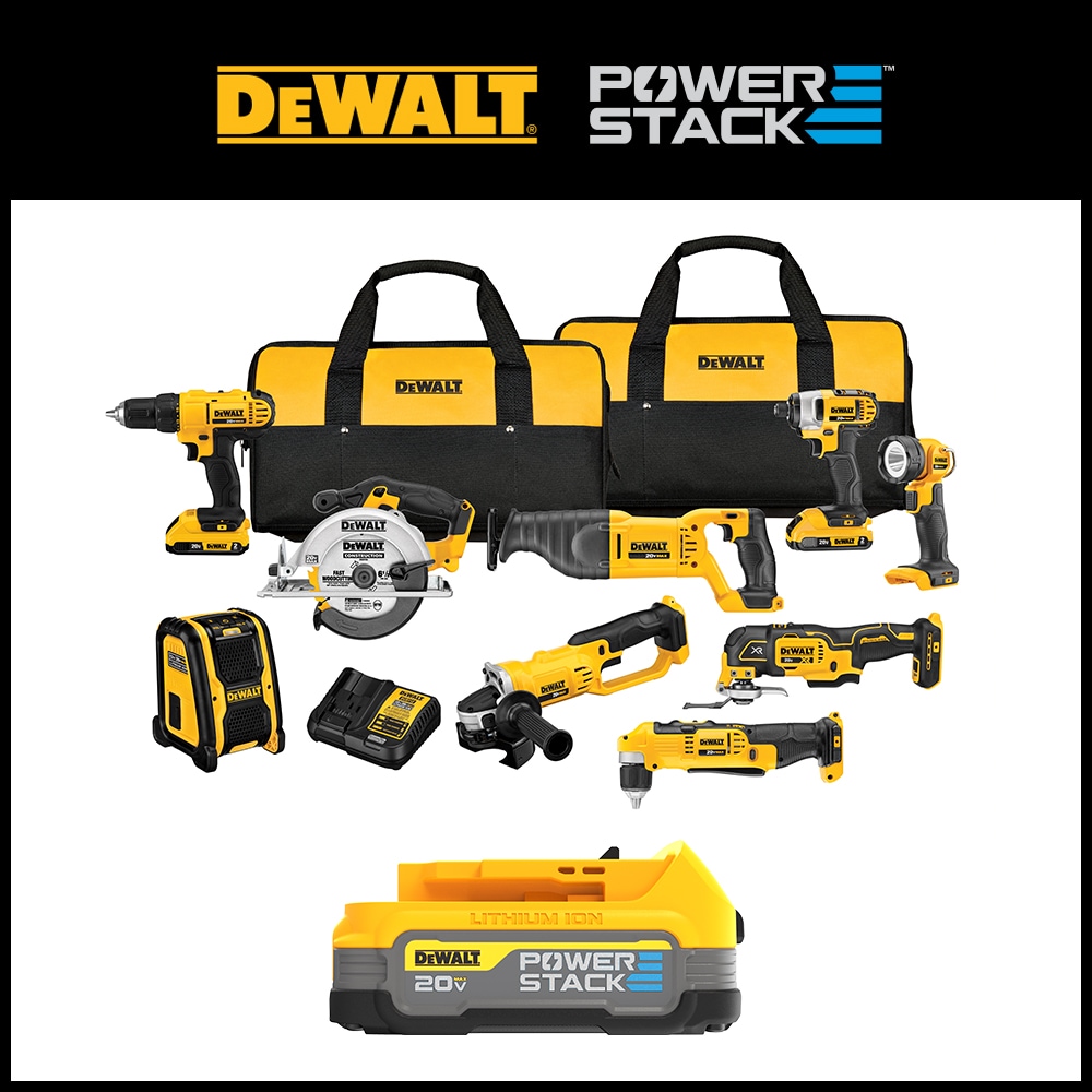 DEWALT 9-Tool 20-Volt Max Power Tool Combo Kit with Soft Case (2-Batteries and charger Included) & 20V MAX DEWALT POWERSTACK Compact Battery