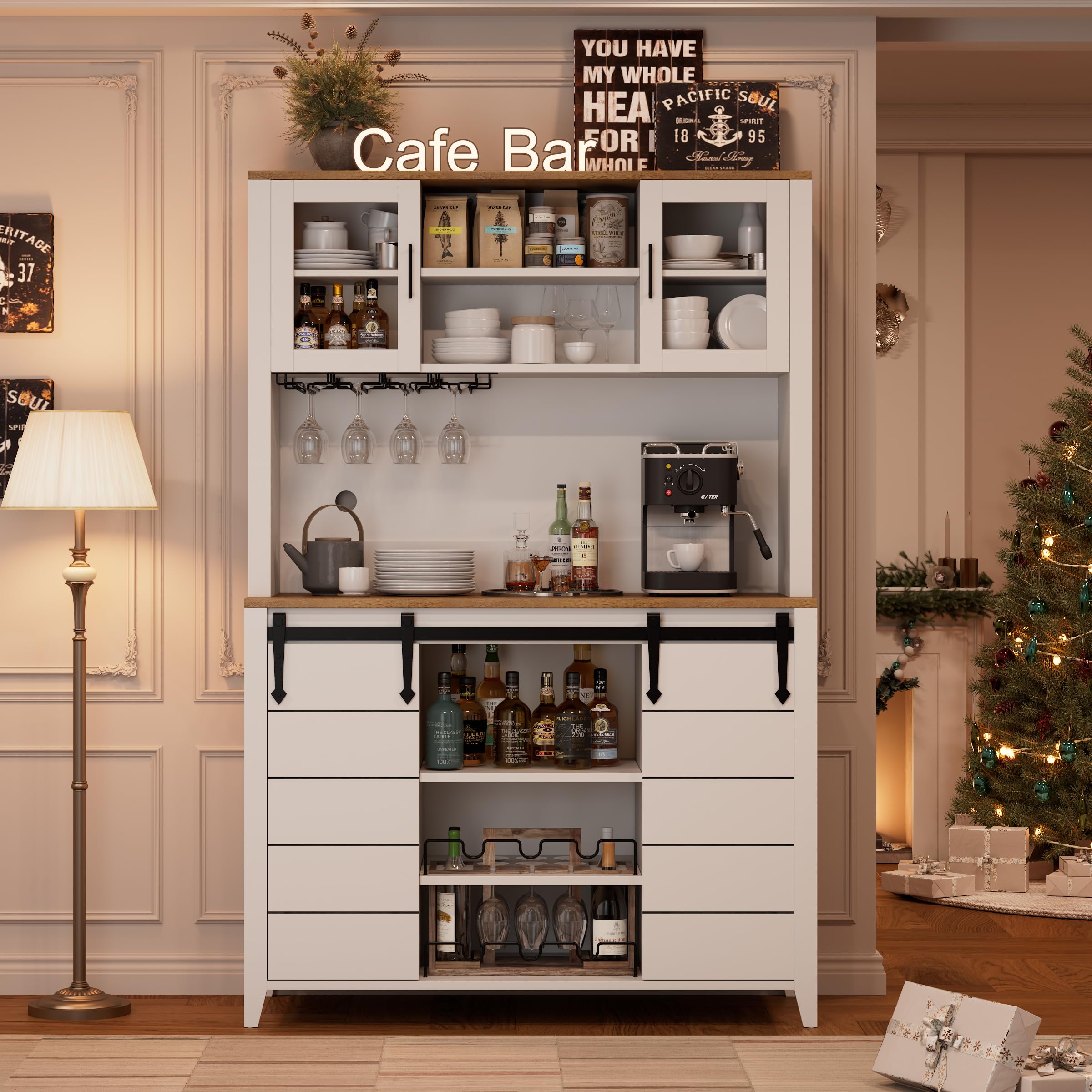 GarveeLife 70-in Wine and Coffee Bar Cabinet Pantry Cabinet with Hutch Sliding Barn Doors Glass Racks and Adjustable Shelves