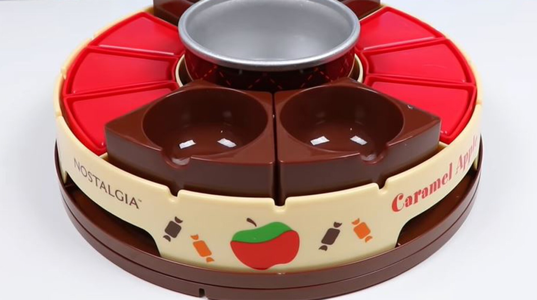 Nostalgia Lazy Susan Chocolate & Caramel Apple Party with Heated Fondue Pot, 25 Sticks, Decorating and Toppings Trays, Brown