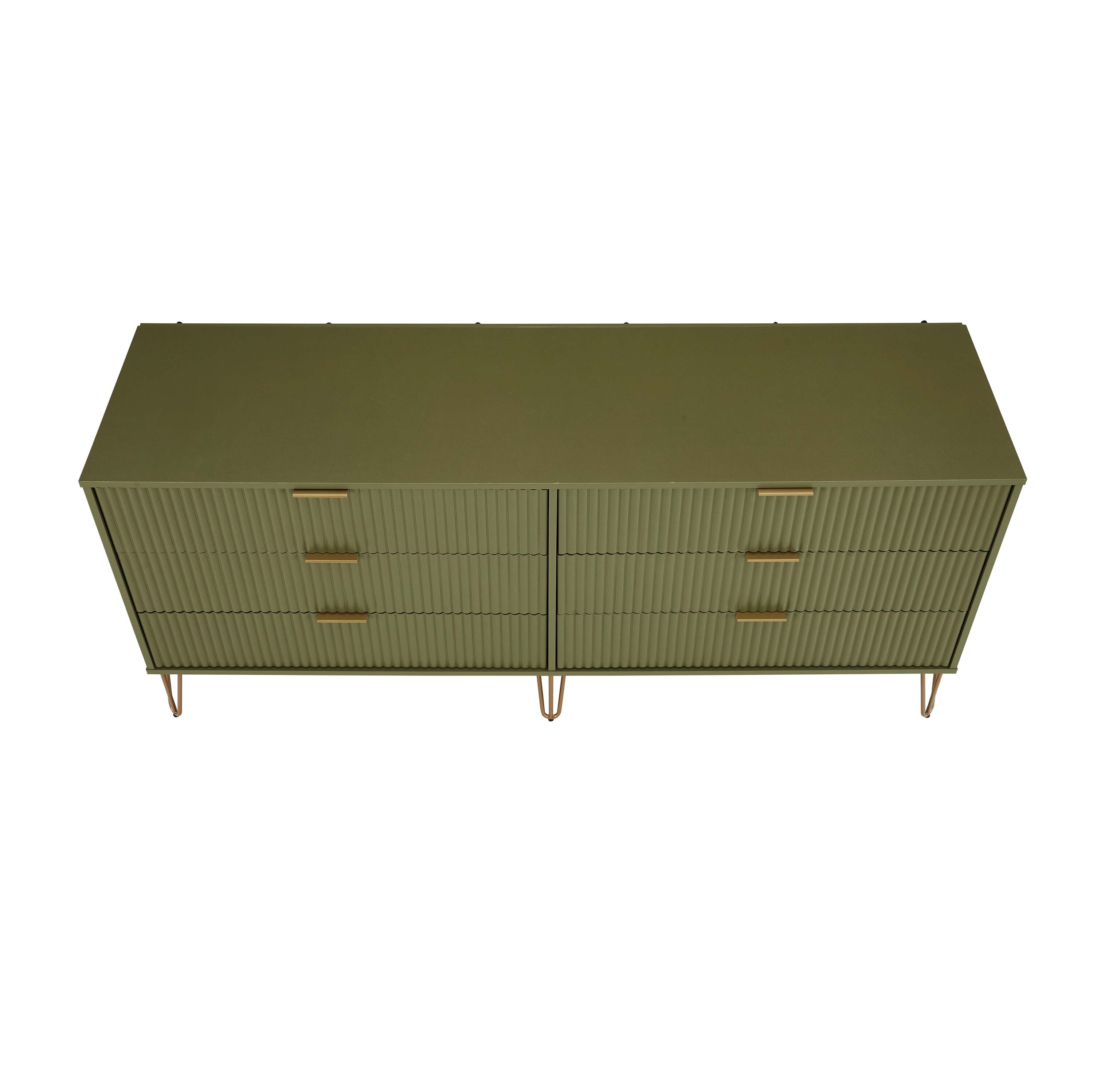 Olive Green Vertical Ribbed 6-Drawer Double Dresser with Soft Close