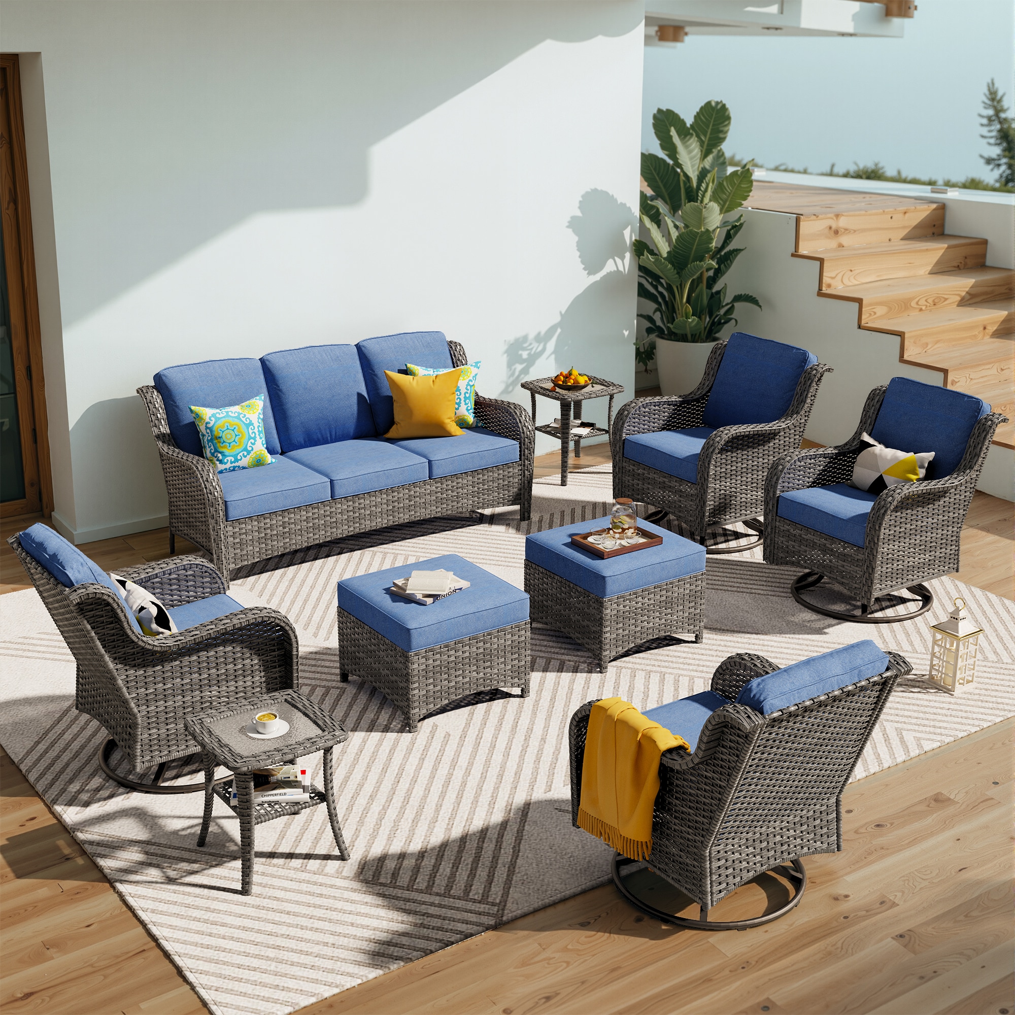 Pouuin SYZGNTC3-9 9 -Piece Wicker Patio Sofa Conversation Set with Blue Cushions
