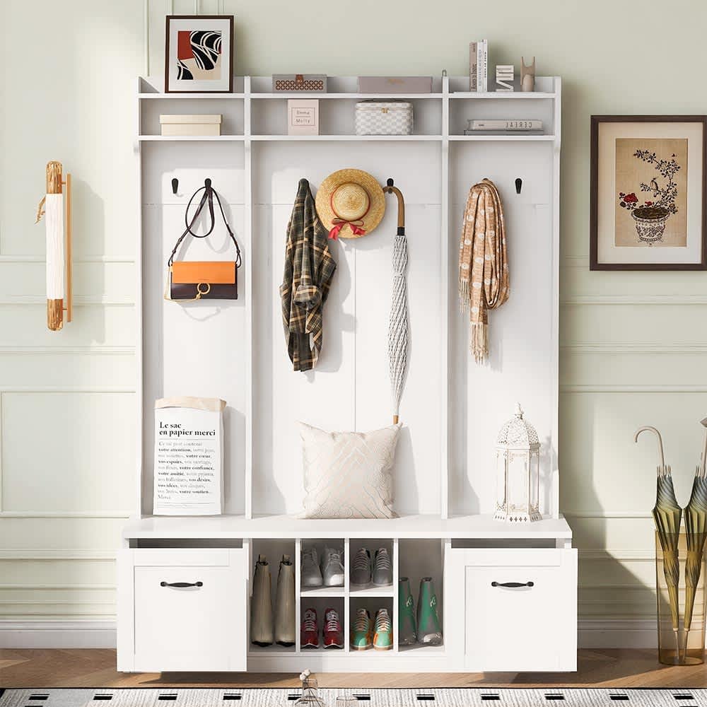 JUJABU ZJHALLTREE-4 White 58.8in Wide Hall Tree with Metal Handles 5-in-1 Entryway Bench with Coat Rack 7 Sturdy Hooks 2 Spacious Drawers  for Hallway