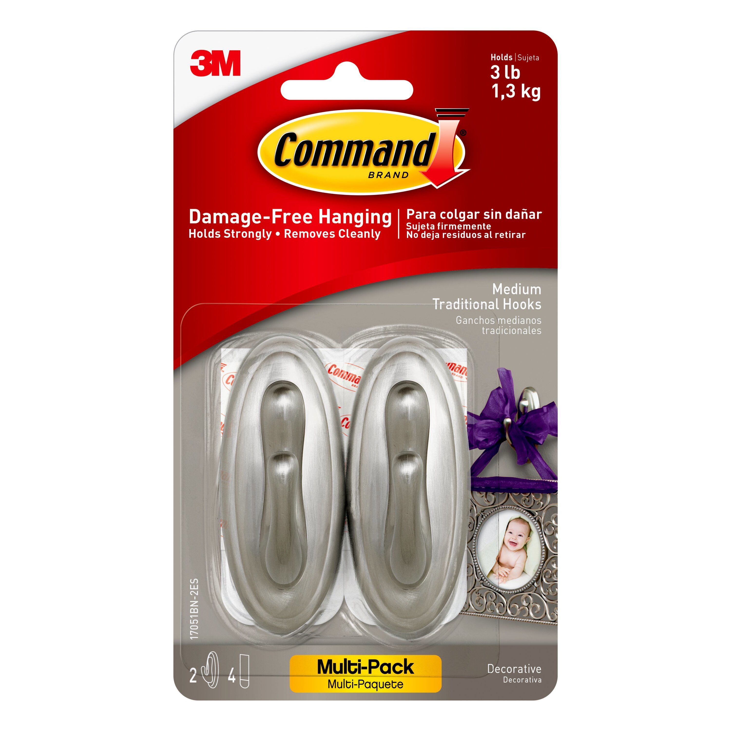 Command FC13-BN-2ES Large Forever Classic, Brushed Nickel, 2 Hooks