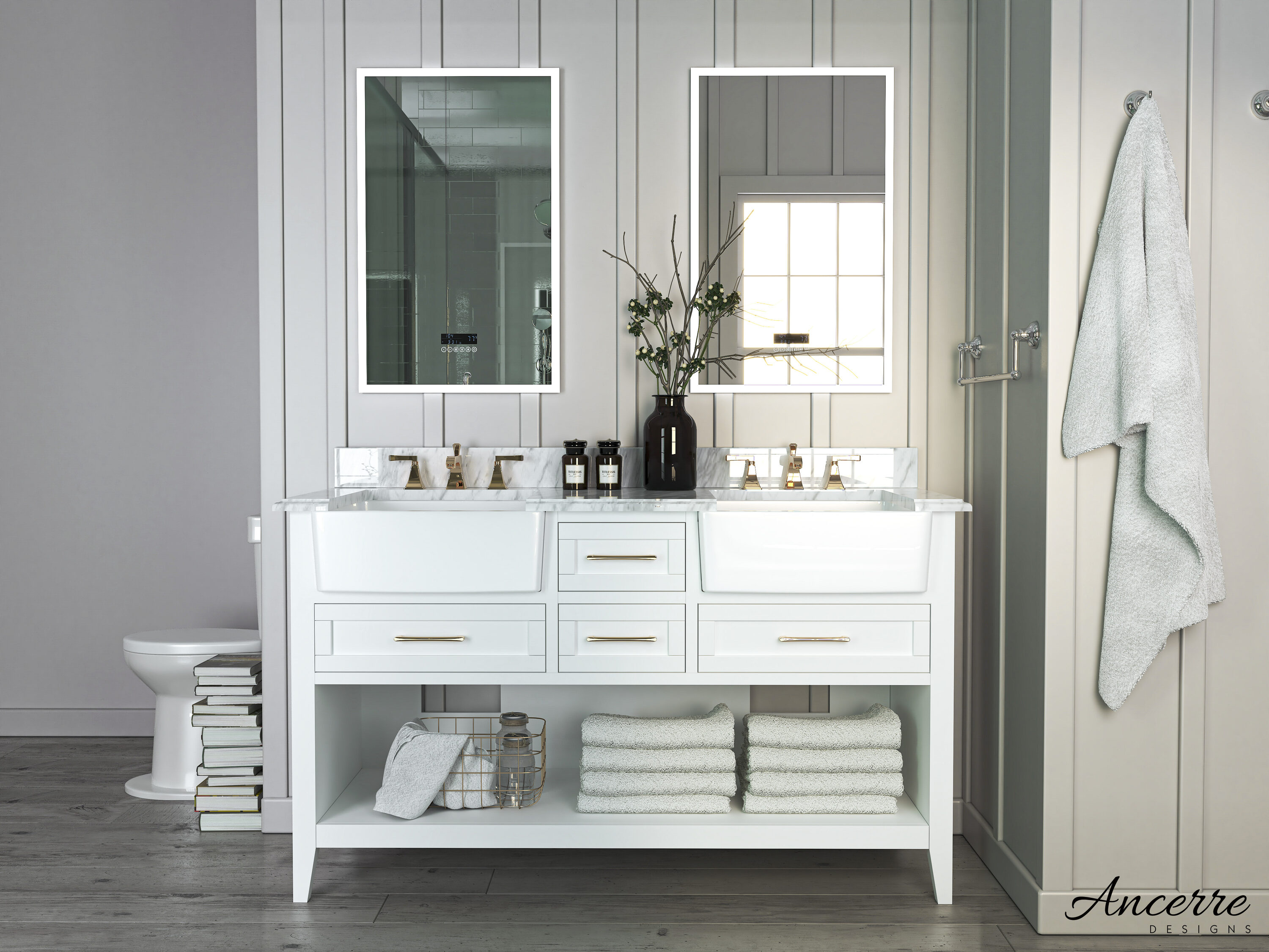 Ancerre Designs VTS-HAYLEY-60-W-CW Hayley 60-in White Farmhouse Double sink Bathroom Vanity with Italian Carrara White Marble Marble Top