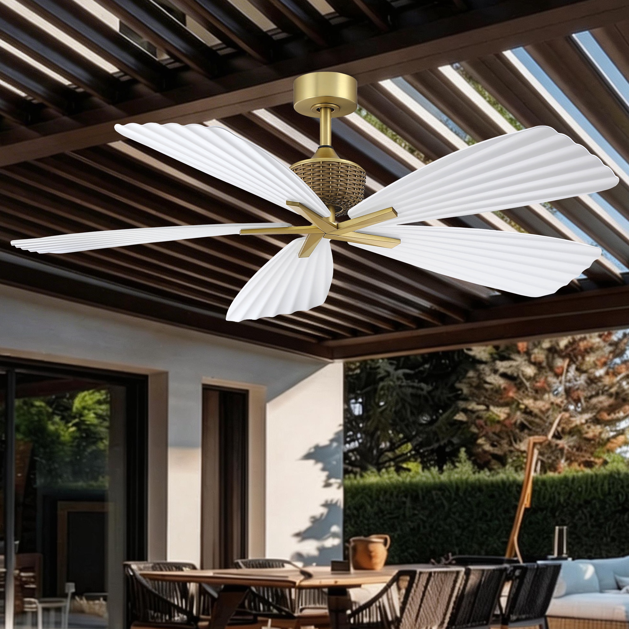 Parrot Uncle Tropical 56-in Brushed Gold Covered Outdoor Ceiling Fan Without Light and Remote Control Included