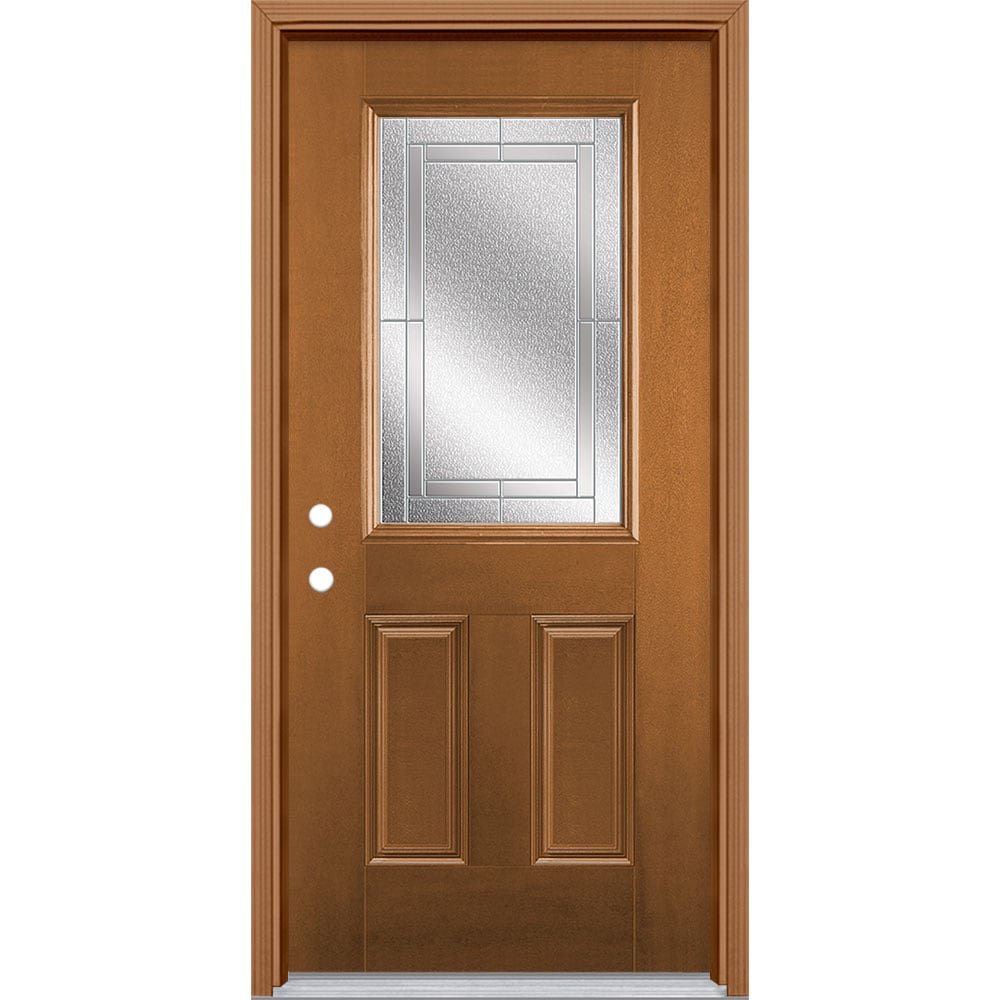 Masonite 3419738 Focus 36-in x 80-in x 4-9/16-in Fiberglass Half lite Right-hand inswing Woodhaven Stained Prehung Front Door with Brickmould Insulating core