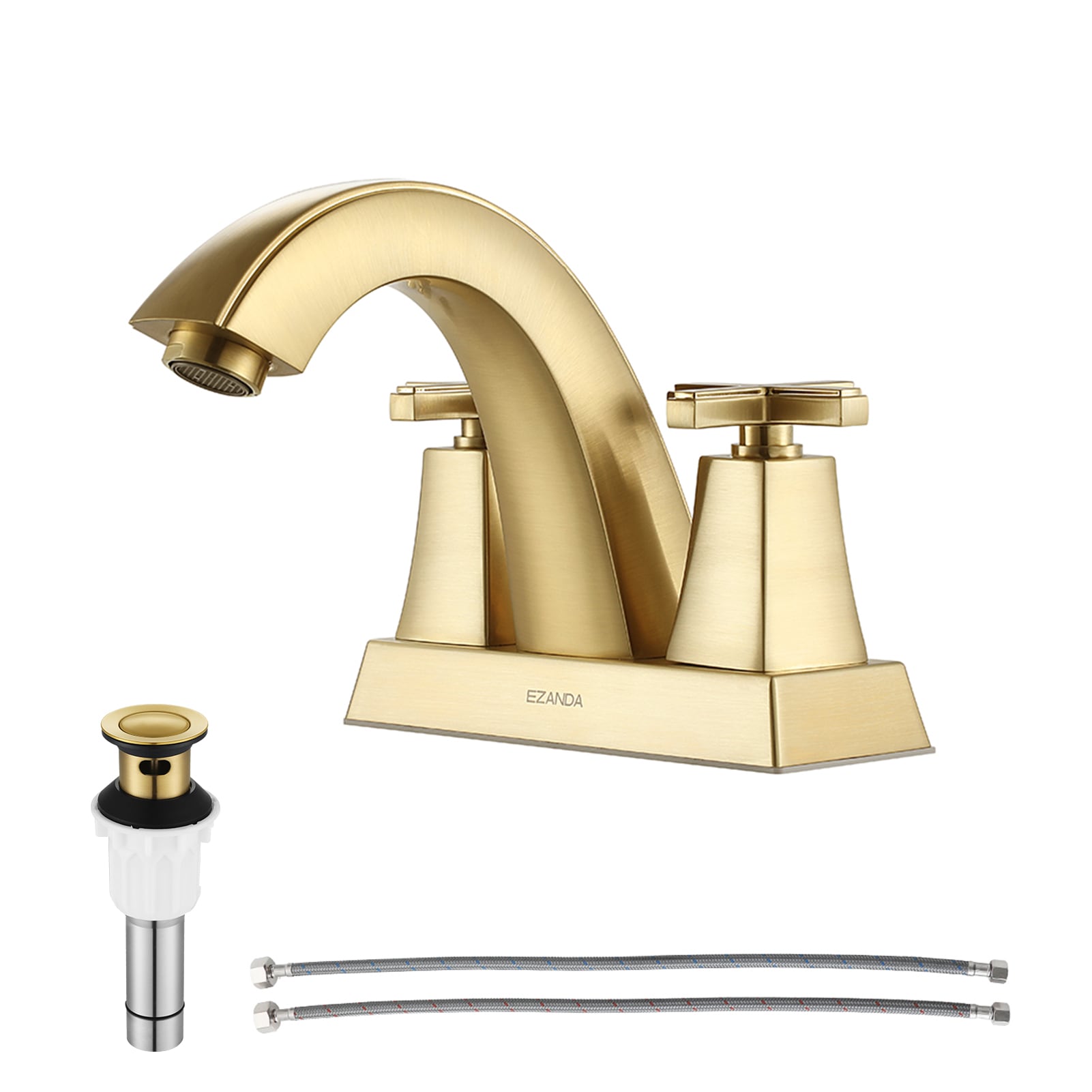 EZANDA Kayden Brushed Gold 4-in centerset 2-handle Mid-arc Residential Handle Bathroom Sink Faucet with Drain with Deck Plate