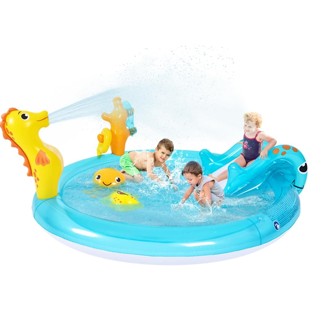 WODMAZ Sea Animal Inflatable Kids Pool with Slide and Sprinkler Play Center 78x59.5x15.5 Inches Includes Toss Rings and Animal Figures for Outdoor Backyard Summer Use