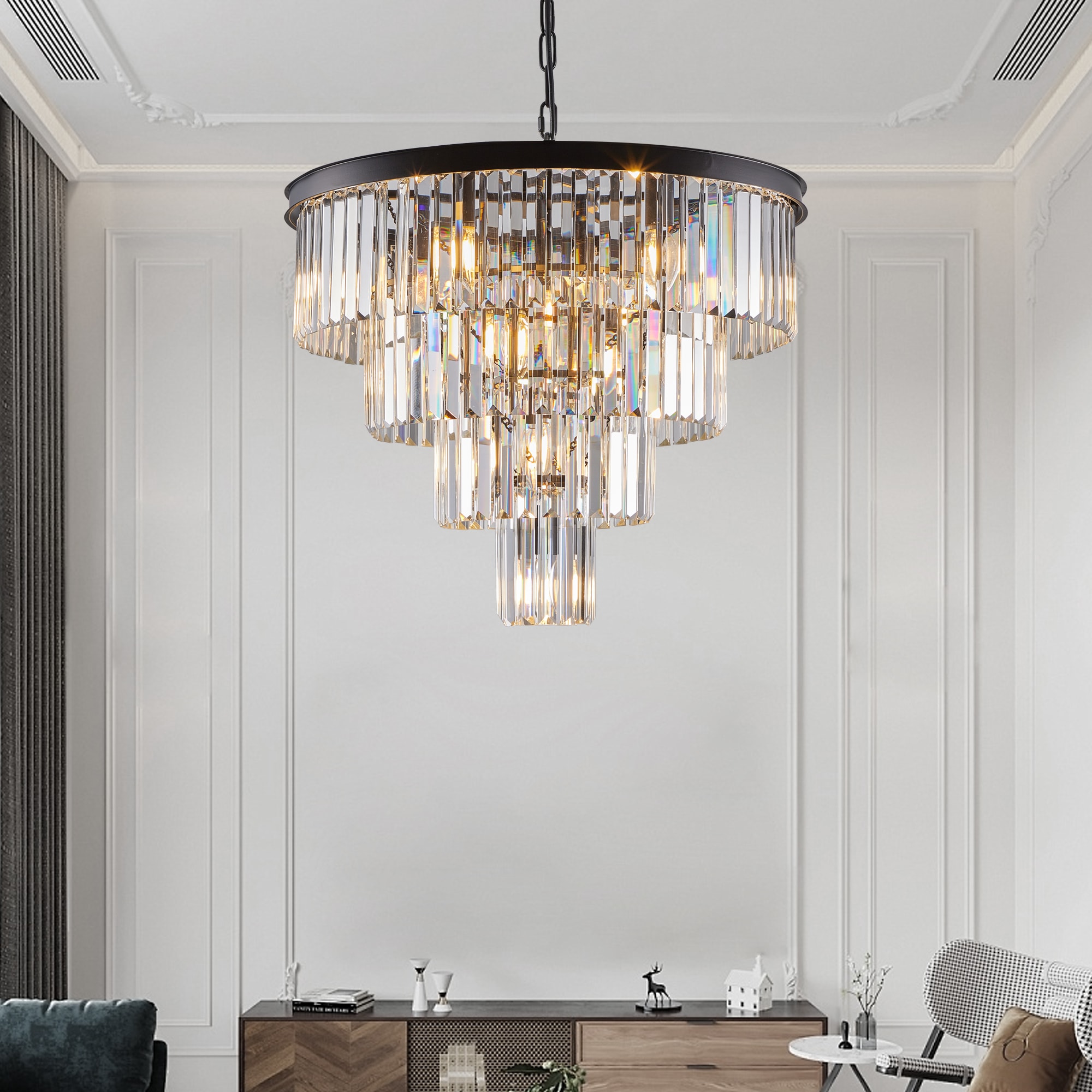 Tenleaf 24in Contemporary Crystal Modern Chandeliers Crystal Ceiling Chandelier Adjustable Height 4 Tier Black Chandelier Lighting for Dining Room Living Room Bedroom (Bulbs Not included)