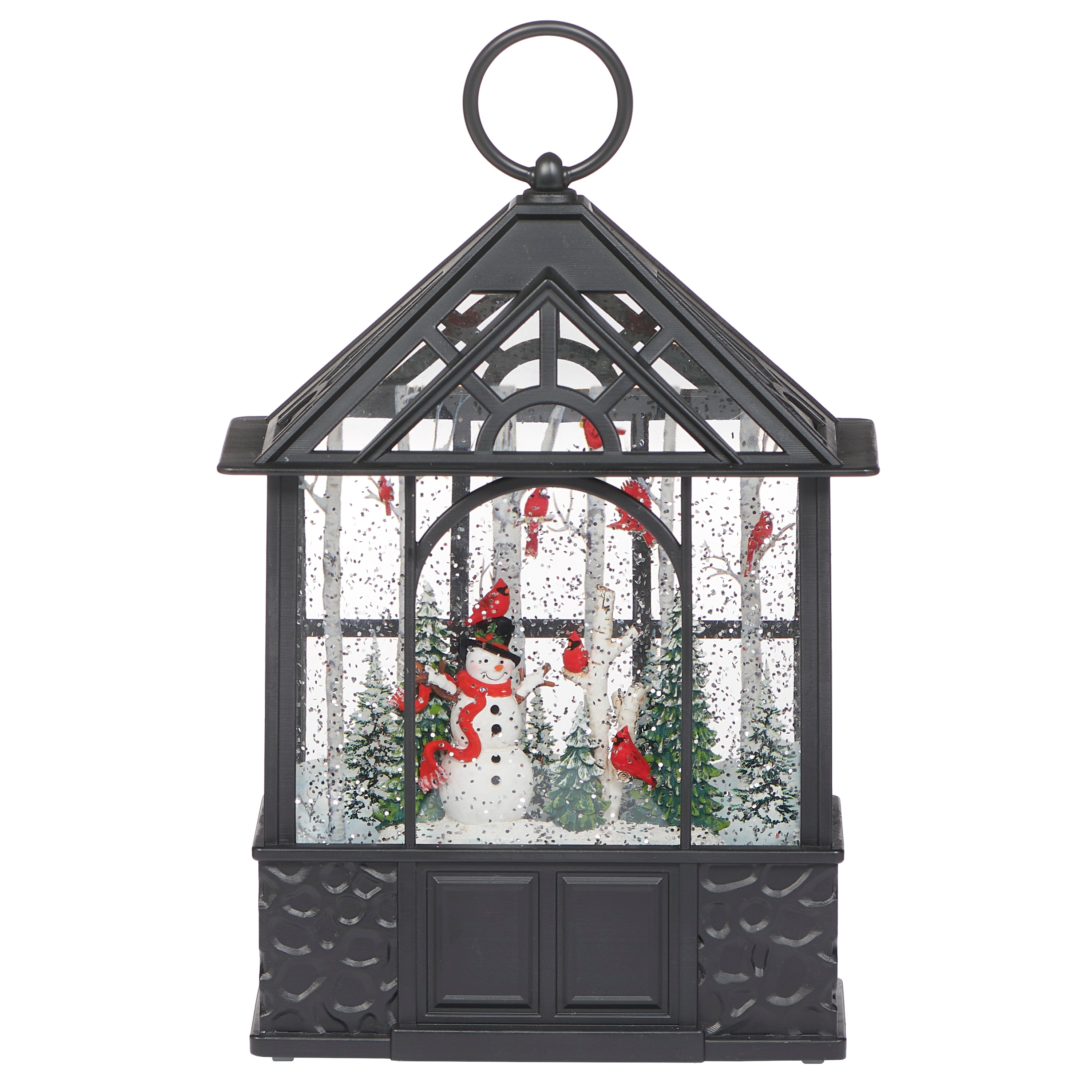 9.75-inch Black Lighted Christmas Snowman and Cardinals Gazebo Centerpiece