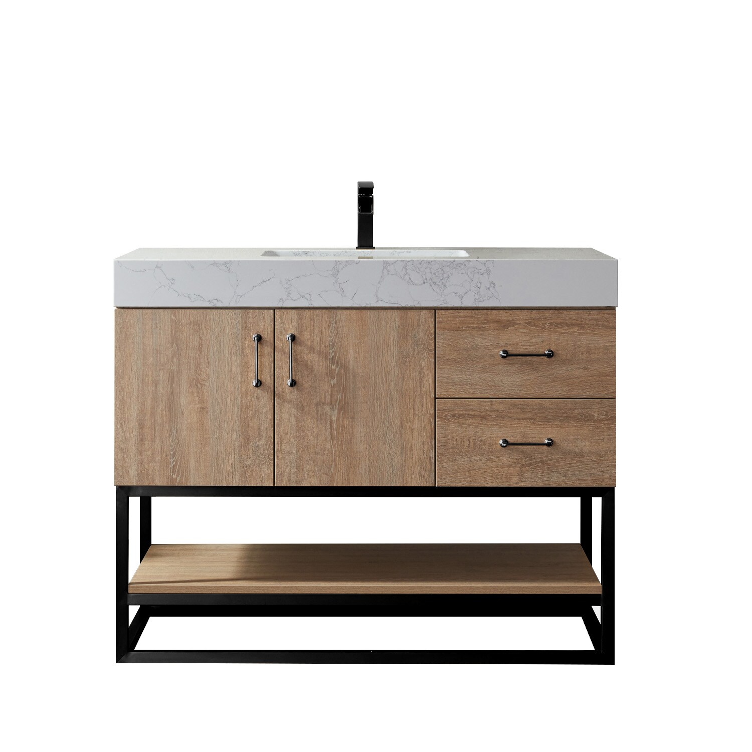 42 Inch Oak Single Vanity with White Stone Top and Matte Black Frame