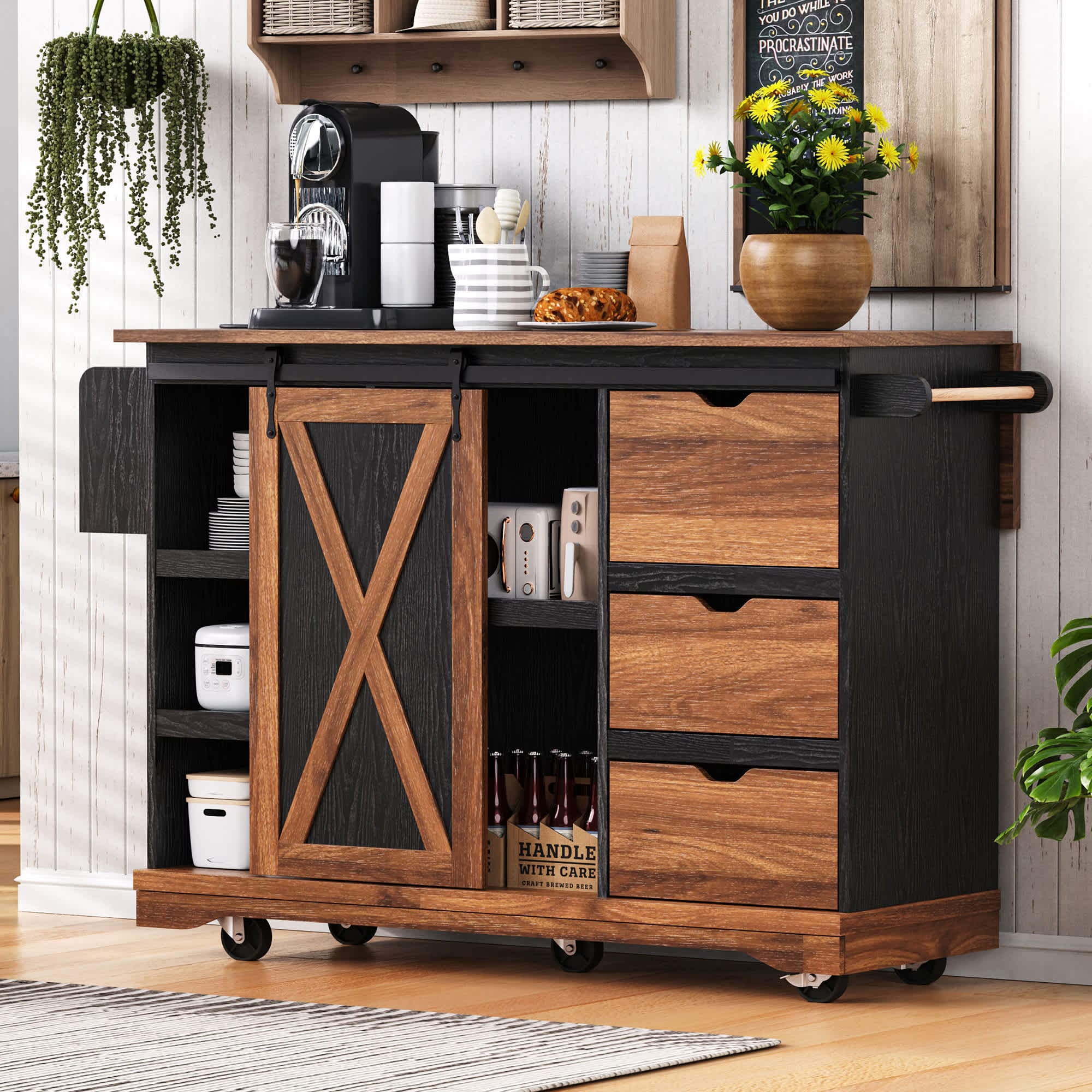 Misty Moon 55.5 Inch Black Kitchen Island with Drop Leaf Rolling Kitchen Cart on Wheels with Spice Rack for Home Kitchen Dining Room