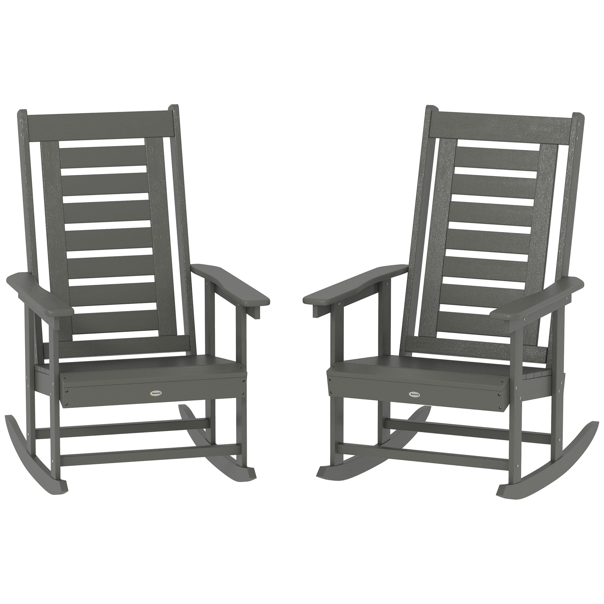 Outsunny 84G-736V00CG Outdoor Rocking Chairs Set of 2 HDPE Patio Rockers with 28in High Back Wide Armrests and Slatted Seat for Porch Backyard Balcony Dark Gray