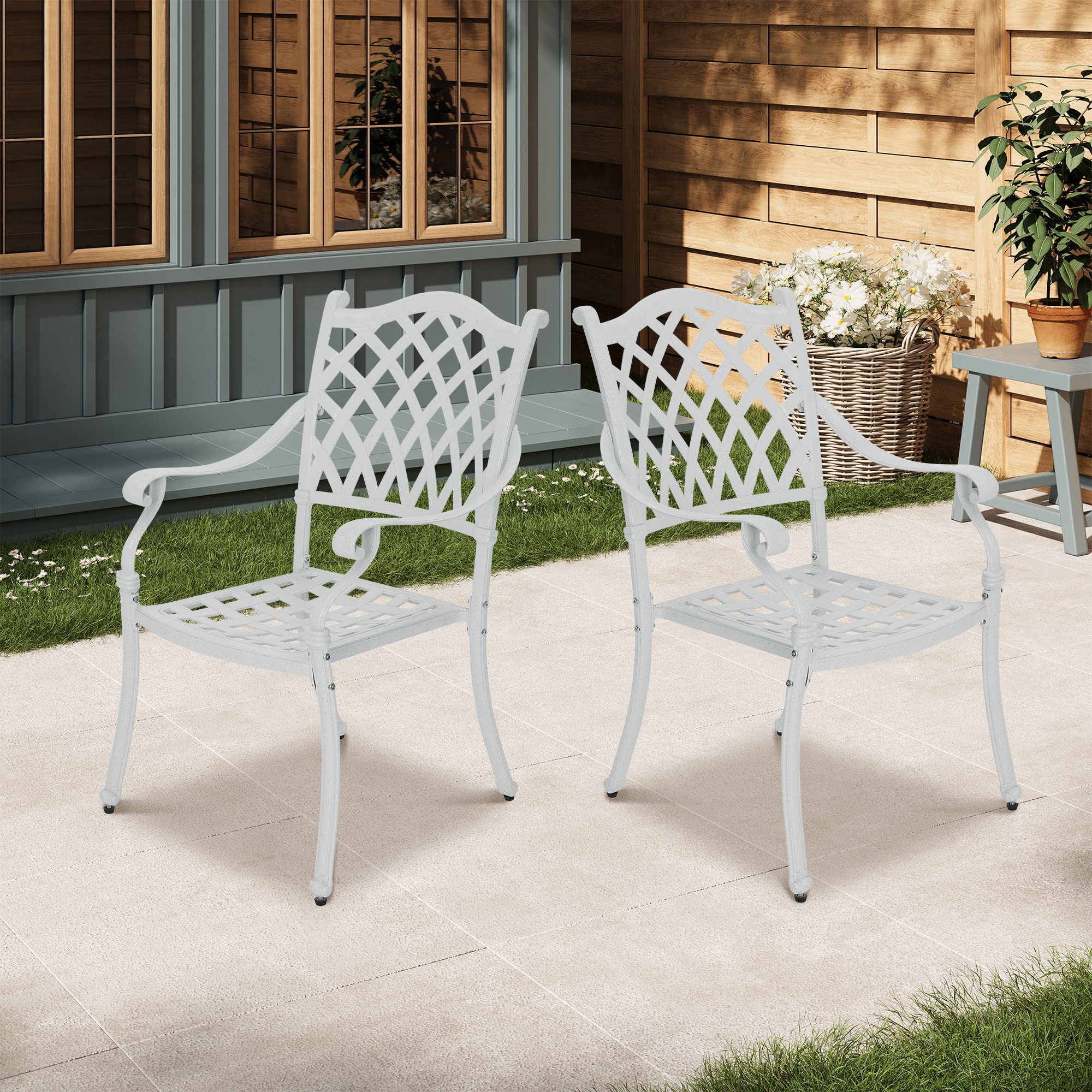 White Cast Aluminum Outdoor Dining Arm Chair Set