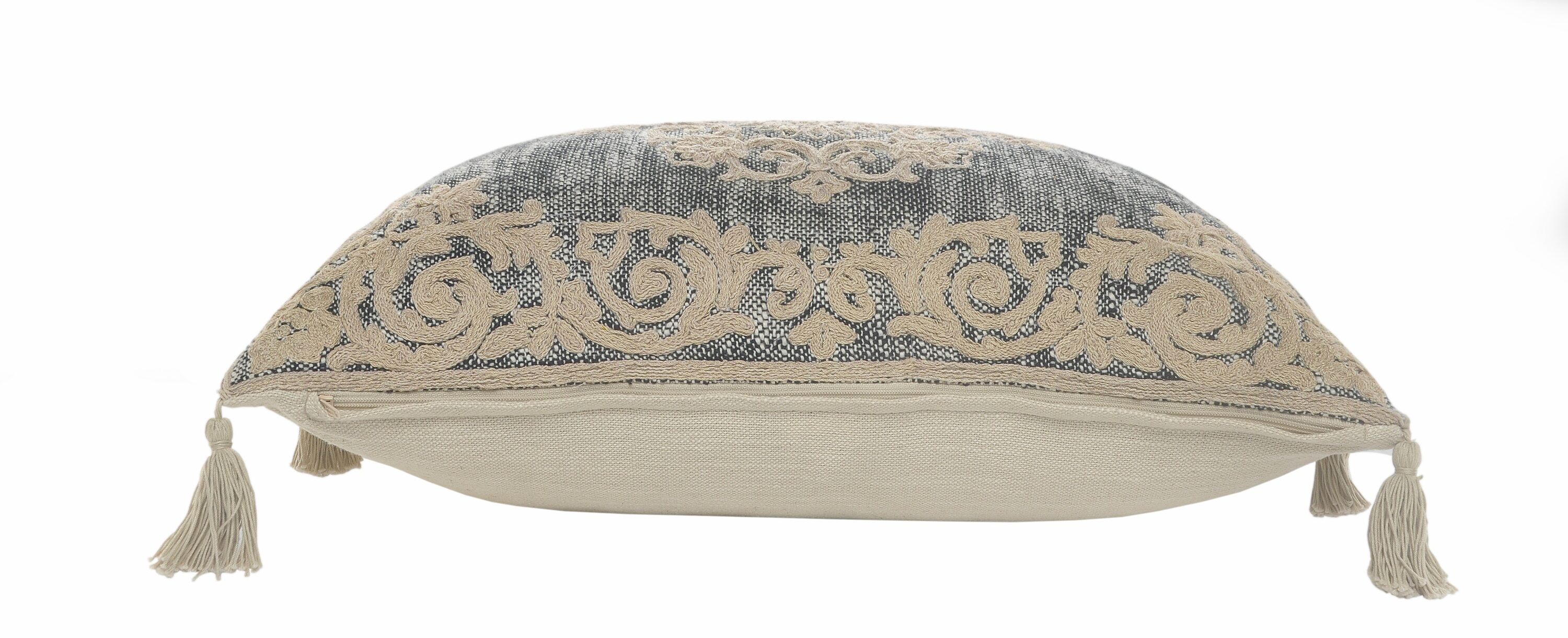 Gray and Beige Embroidered Rectangular Lumbar Pillow