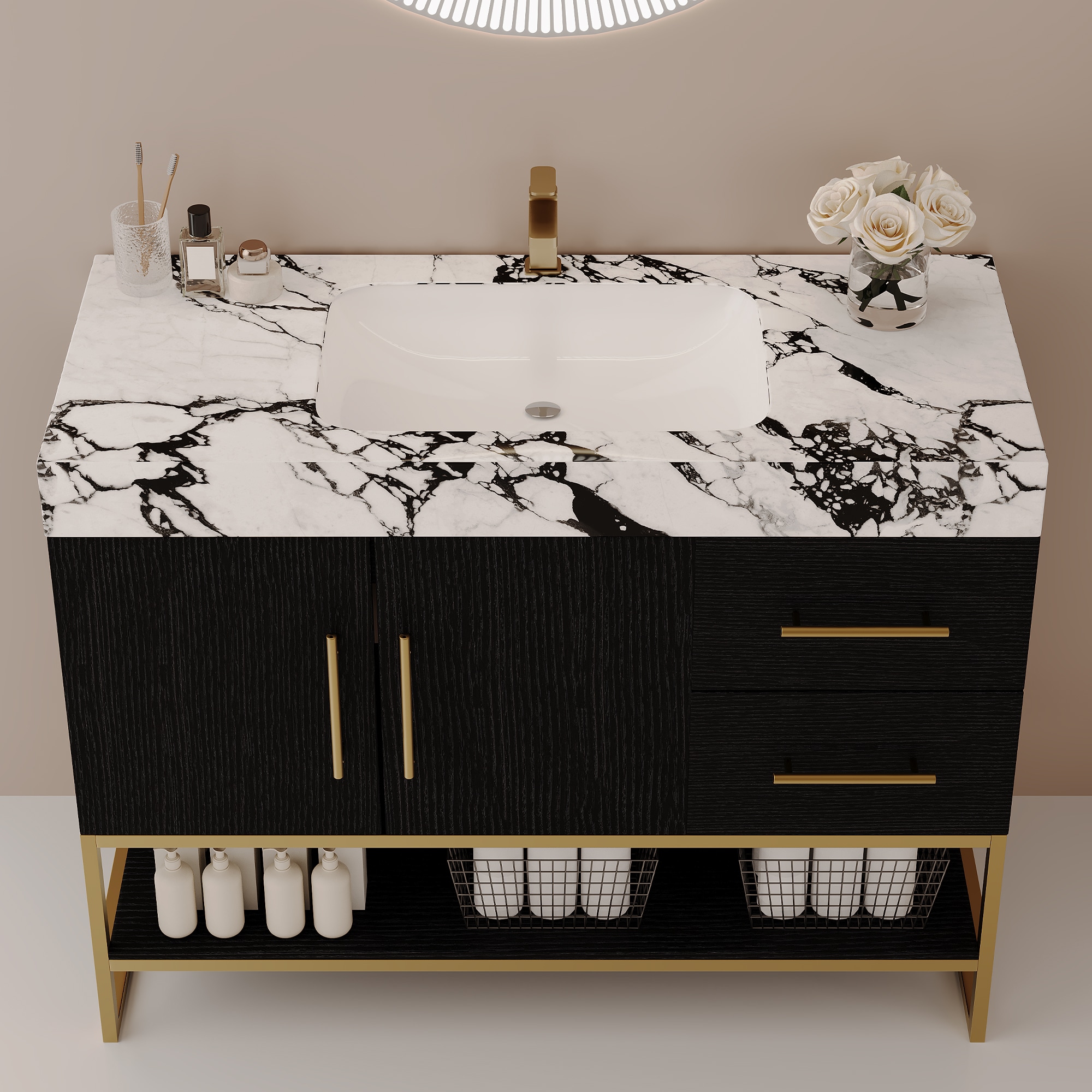 Vynxaria 36-in Gold Single Sink Bathroom Vanity with Sintered Stone Top ...