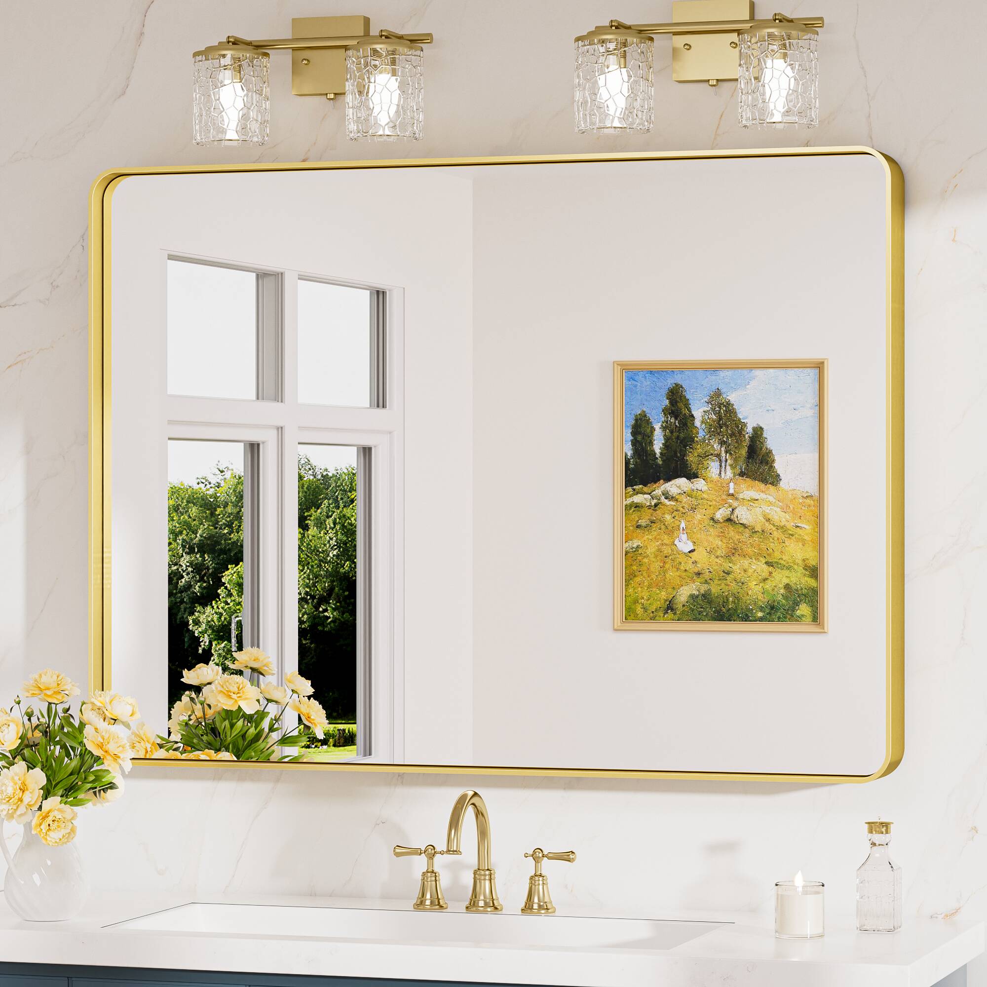 Keonjinn LW-JSKYJ2-10176GD Bathroom Mirrors 40-Inches W x 30-Inches H Rectangle Brushed Gold Framed Wall Mirror