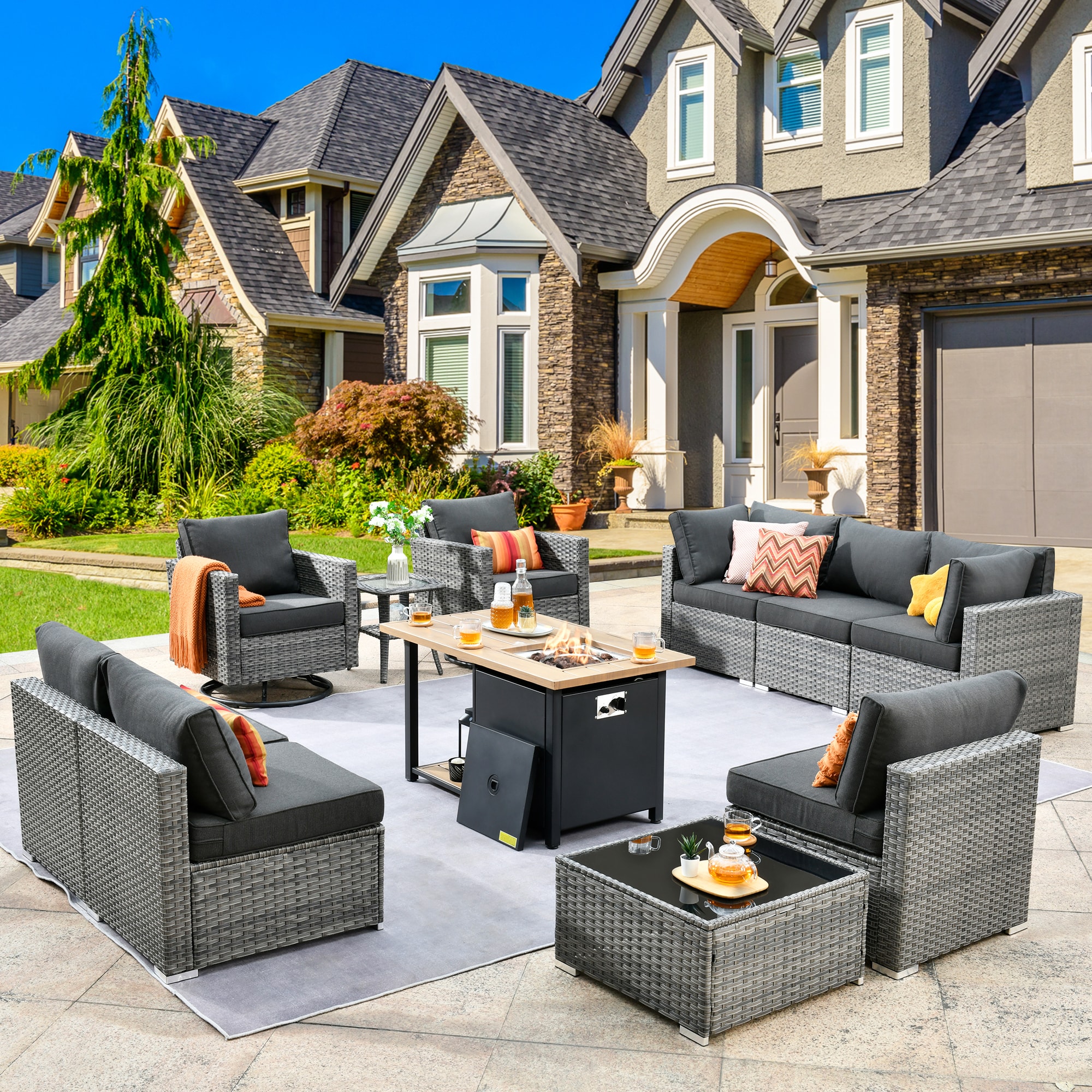 XIZZI XIHOPS106-RC3DFP Sunrise 11-Piece Rattan Patio Sofa Conversation Set with Black Cushions