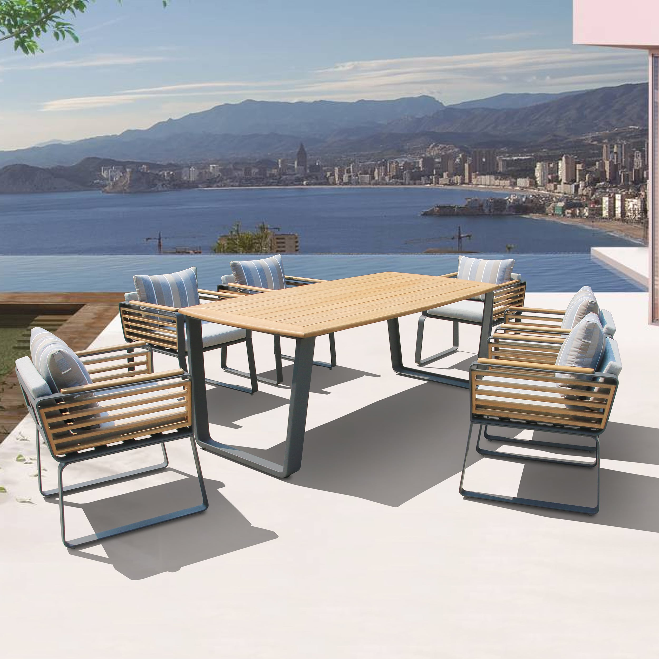 Deko Living COP30701 Palazzolo 7-Piece Teak Dining Chairs and Table Set 7 -Piece Gray Patio Dining Set Wood Rectangle Table with 6 Gray Cushions Stationary Chairs