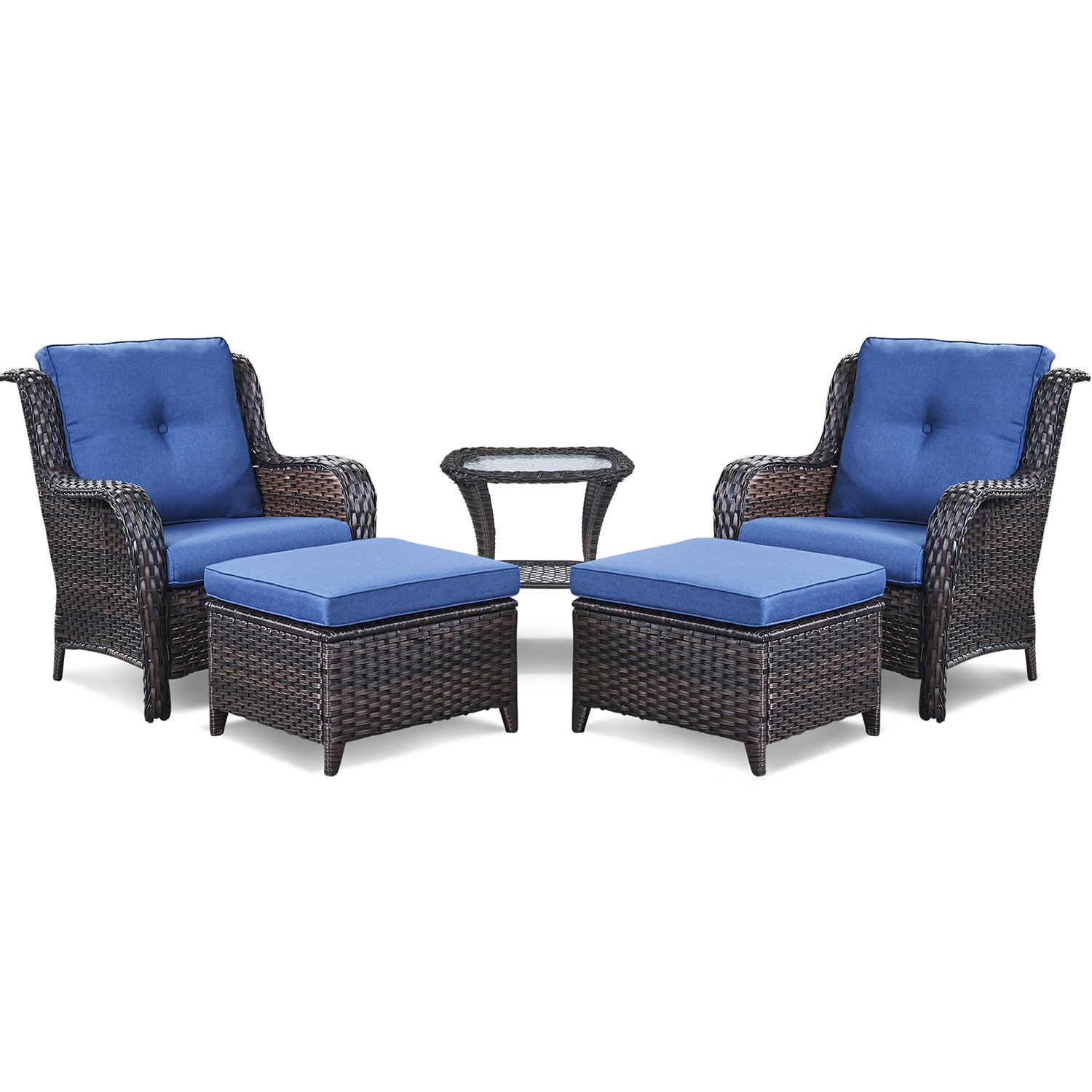 Rilyson FS006025014-1 Curved Handrail 5 -Piece Wicker Patio Conversation Set with Blue Cushions