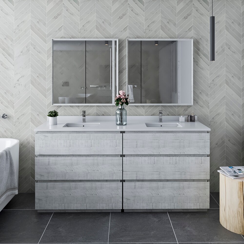 Fresca FVN31-3636RWH-FC Formosa 72-in Rustic White Undermount Double Sink Bathroom Vanity with White Quartz Top (Mirror Included)