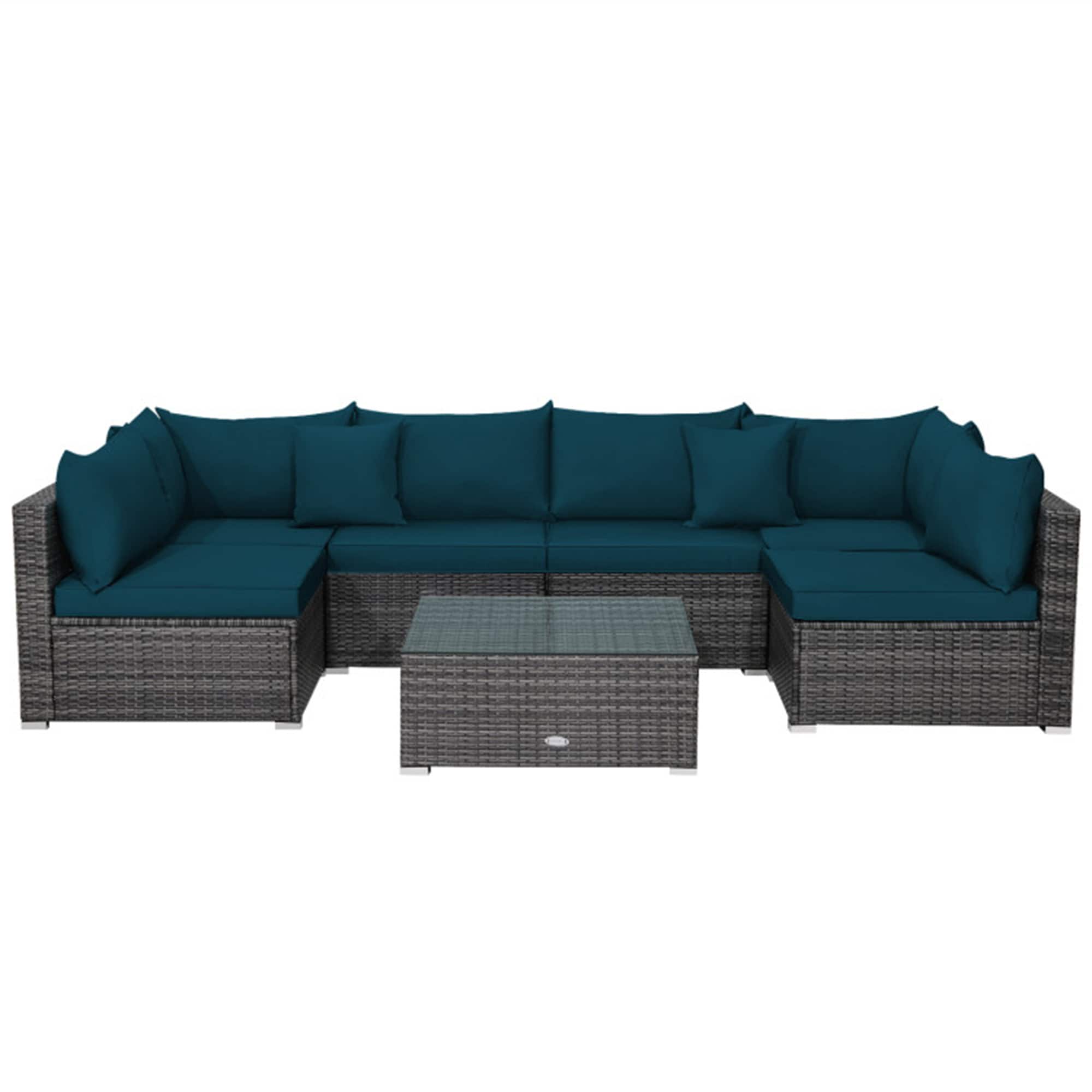 BABOOM BOM-221AAE-OR Sectional Rattan Sofa Set 7 -Piece Rattan 2 Patio Sofa Conversation Set with Green Cushions
