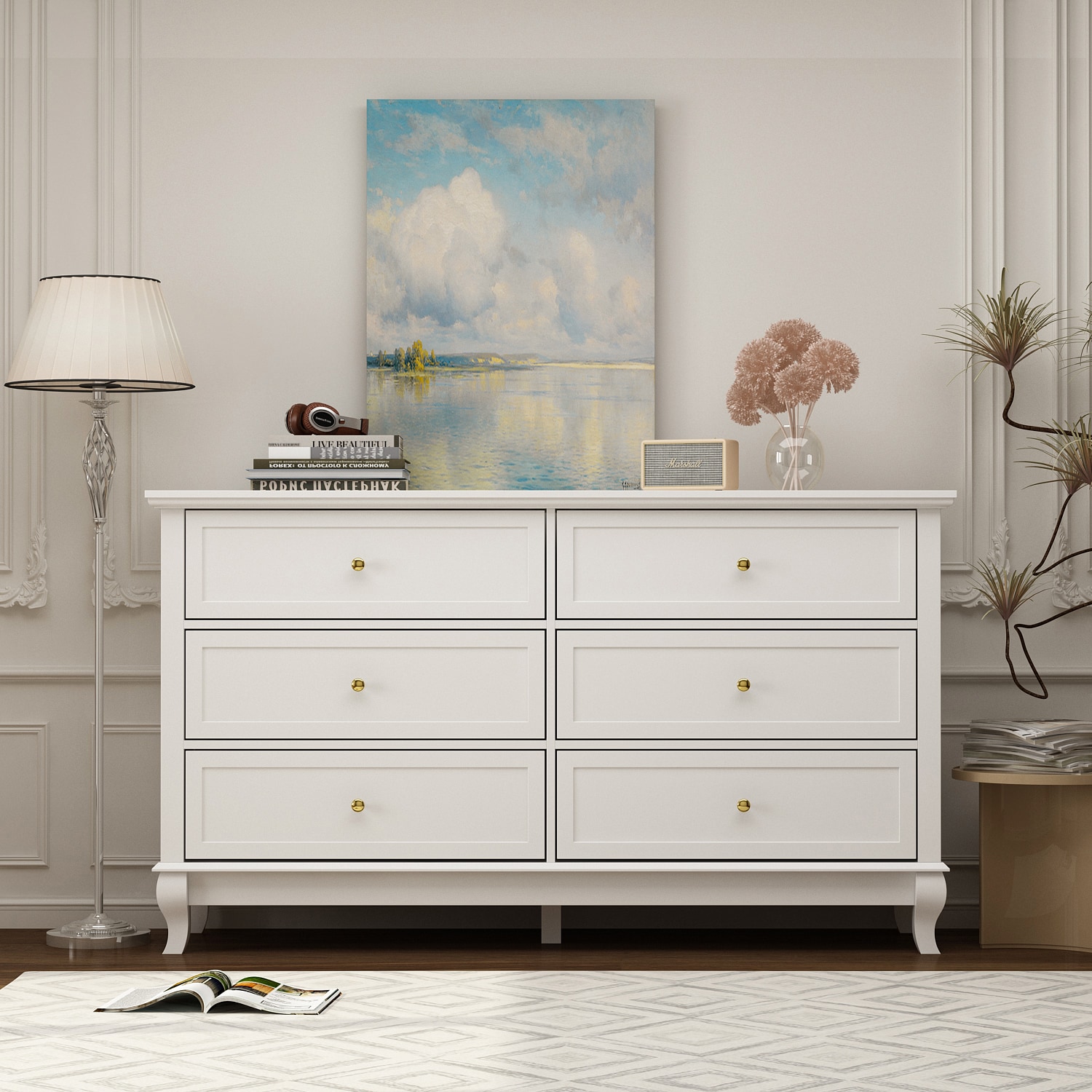 FUFU&GAGA Contemporary White Double Dresser With 6 Drawers, Modern ...