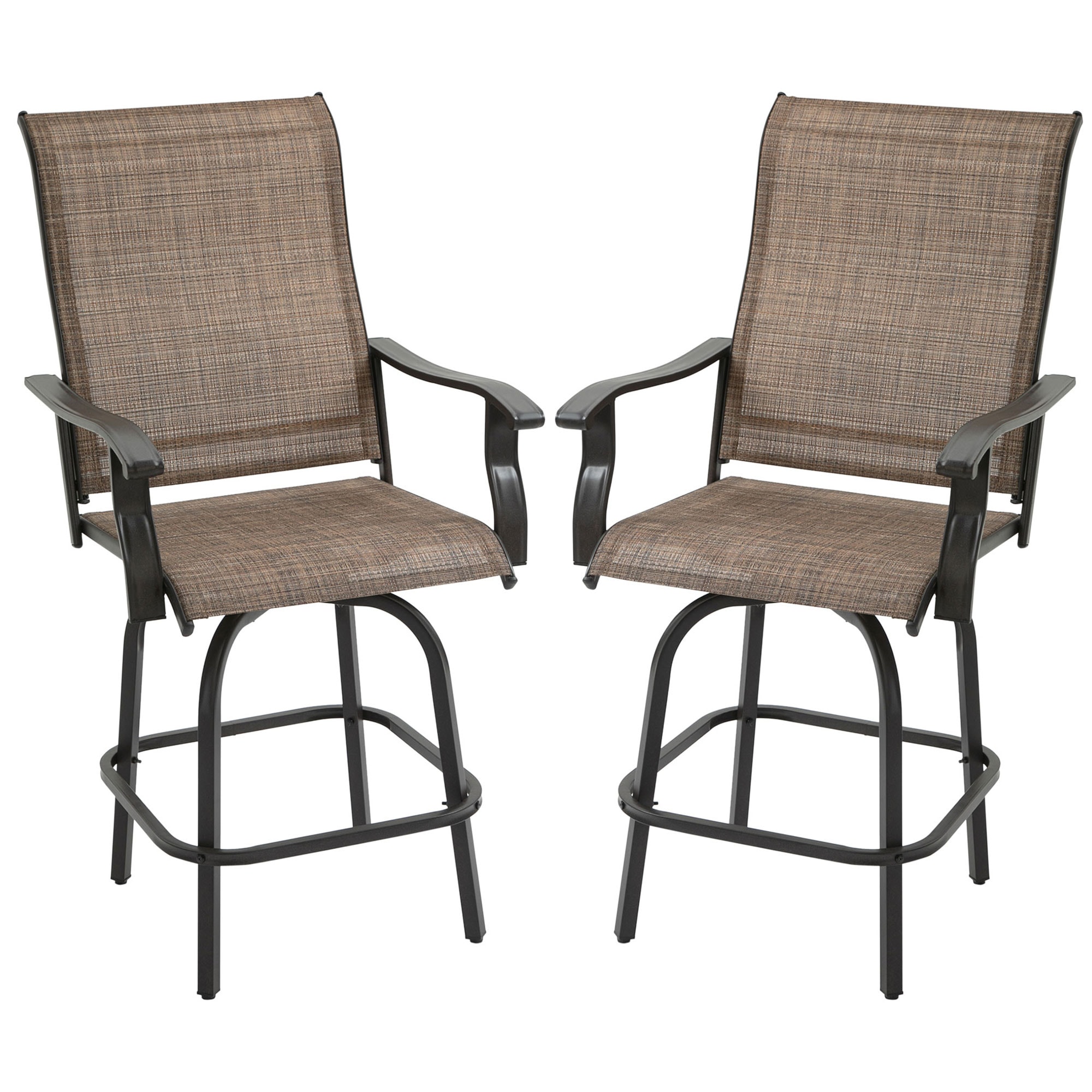 BABOOM BOM-P174460-OR Outdoor Swivel Bar Stools Set of 2 Brown Steel Frame Swivel Bar Stool Chair with Brown Sling Seat
