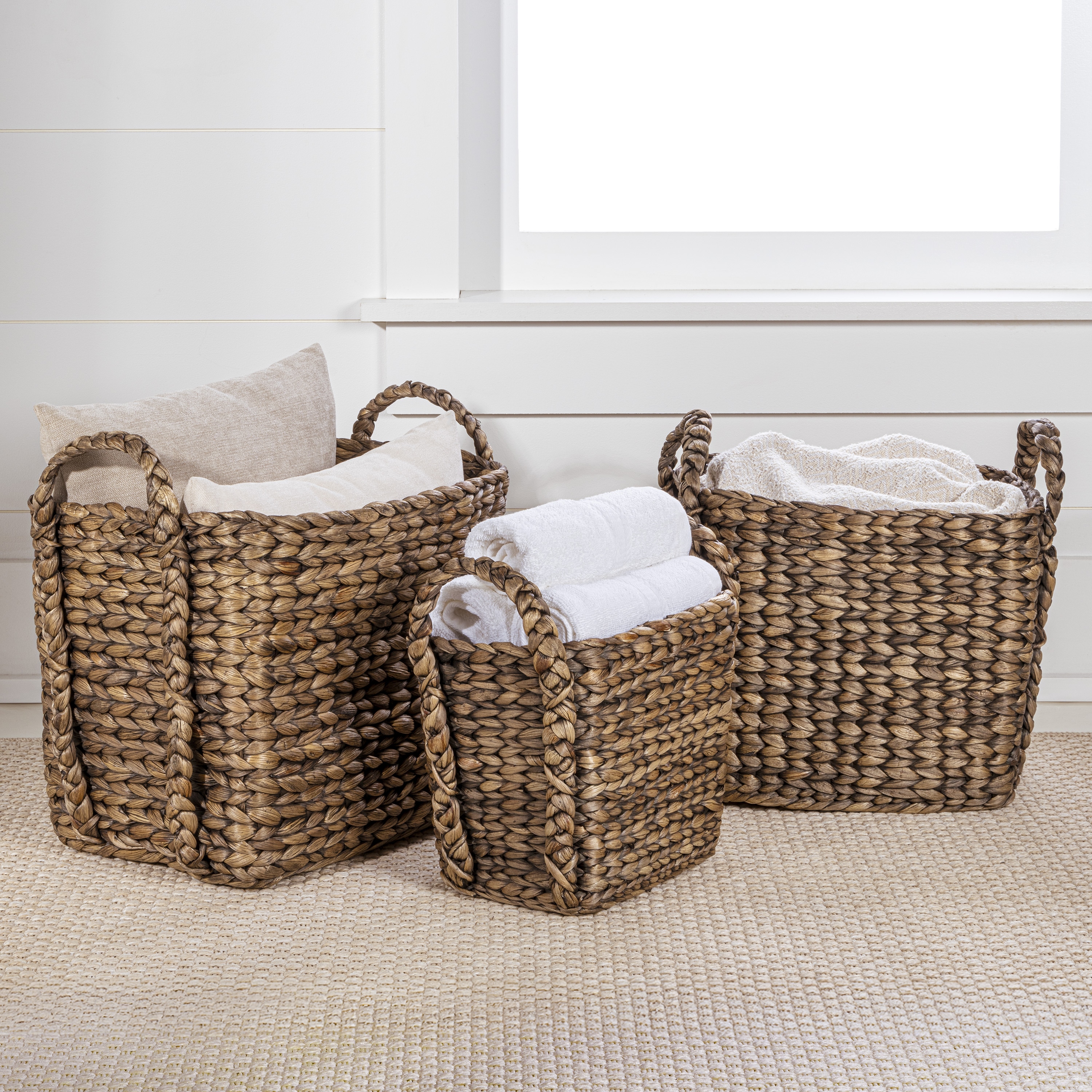 happimess BSK2001B-3SET Clara Farmhouse Handwoven Rectangle Multiple sizes Brown Water hyacinth Stackable Basket 3 -Pack