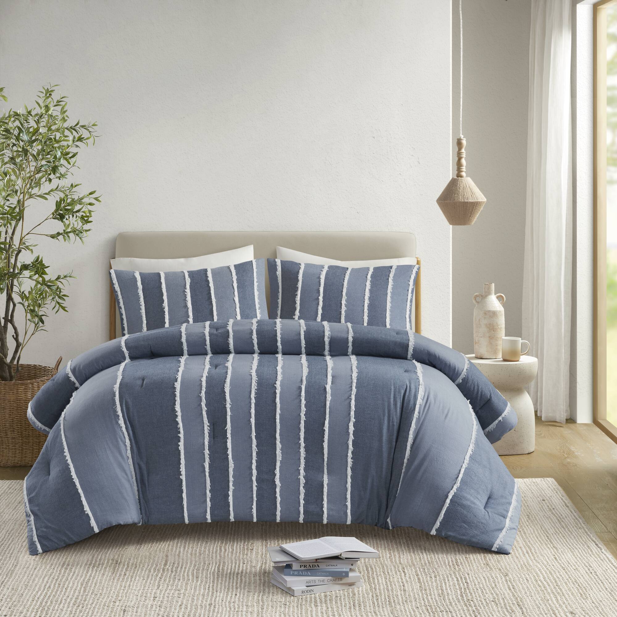 Roomfitters  3Piece King/Cal King Striped Cotton Comforter Bedding Set with Pillow Shams Blue