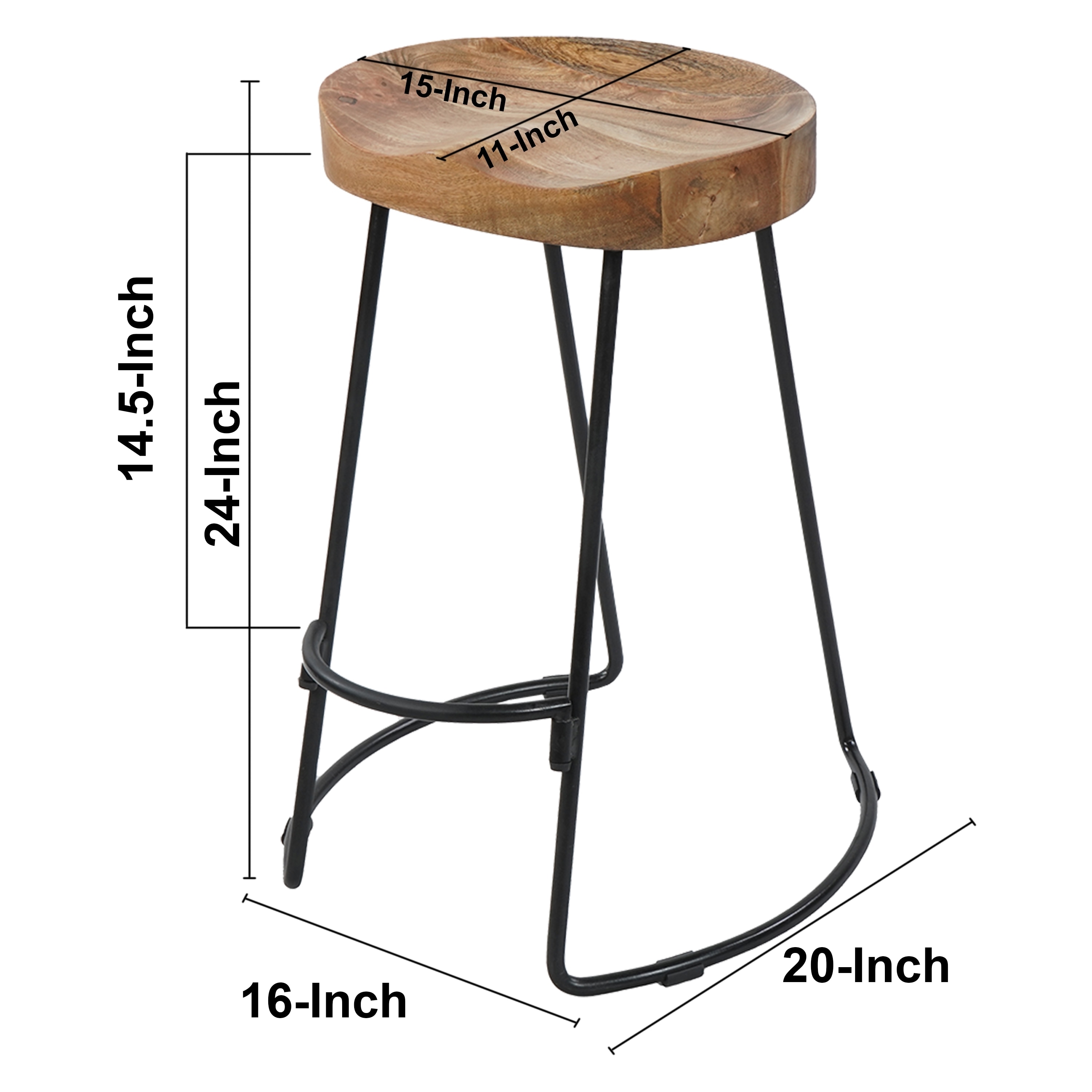 24" Brown and Black Wood Saddle Bar Stool with Metal Legs