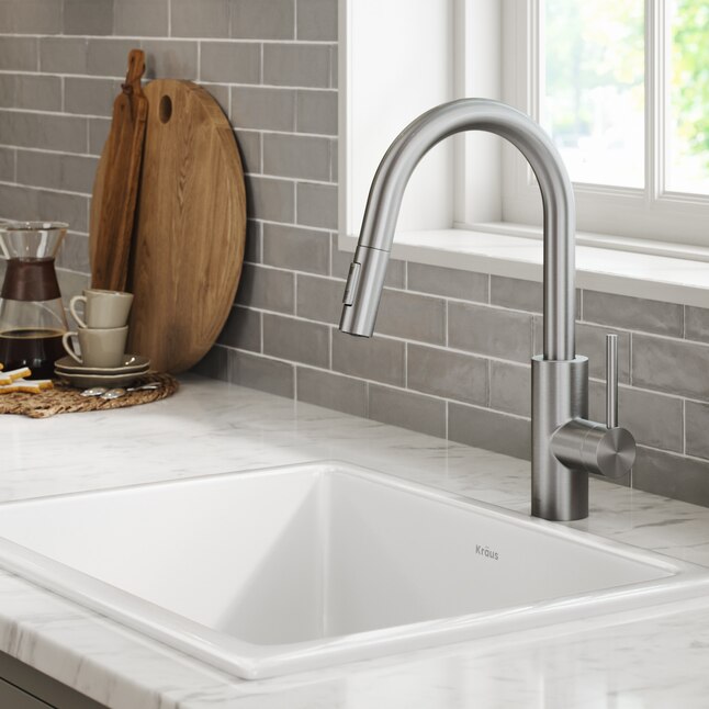 Kraus Ansel Spot Free Stainless Steel 1-Handle Deck-Mount Pull-Down Handle Kitchen Faucet Kraus Ansel Spot Free Stainless Steel 1-Handle Deck-Mount Pull-Down Handle Kitchen Faucet