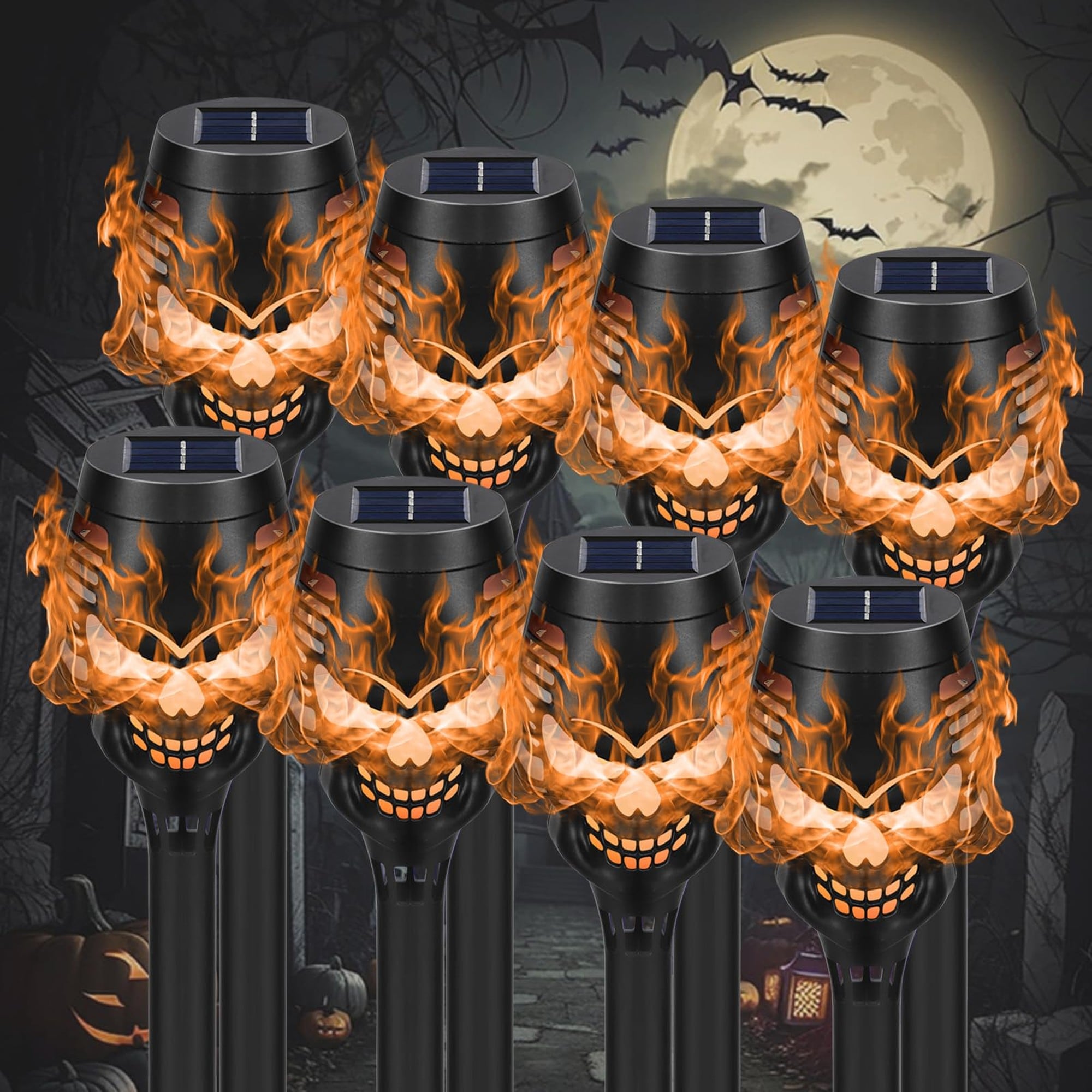 Angel Sar 8 Pack Solar Skull Torch Lights with Orange Flickering Flame Auto On at Dusk IP65 Weather Resistant Tool Free Setup for Halloween Outdoor Decor