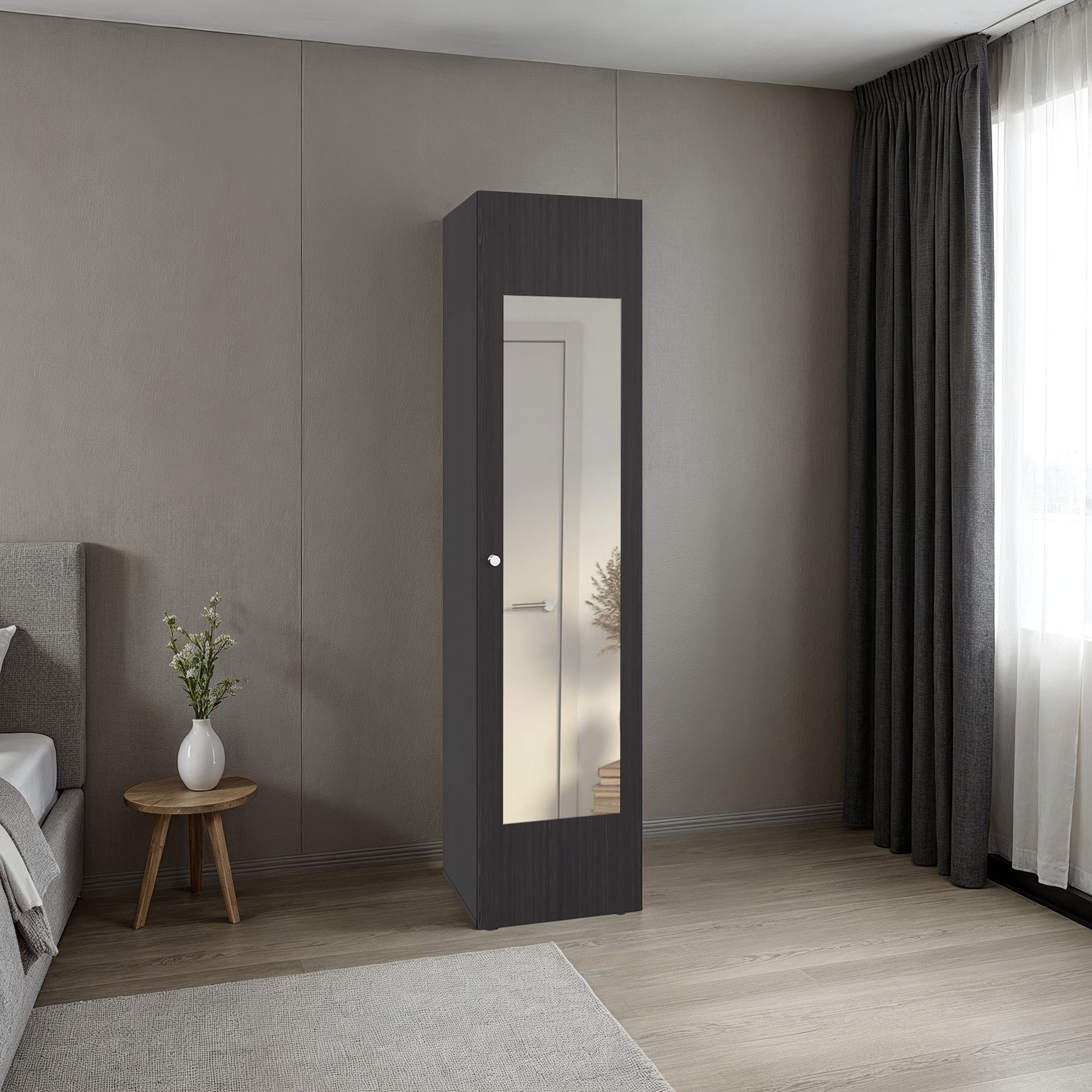 JUSHUA Dark Walnut Freestanding Linen Cabinet with Full Length Mirror Door and 4 Interior Shelves for Bathroom Bedroom and Laundry Room