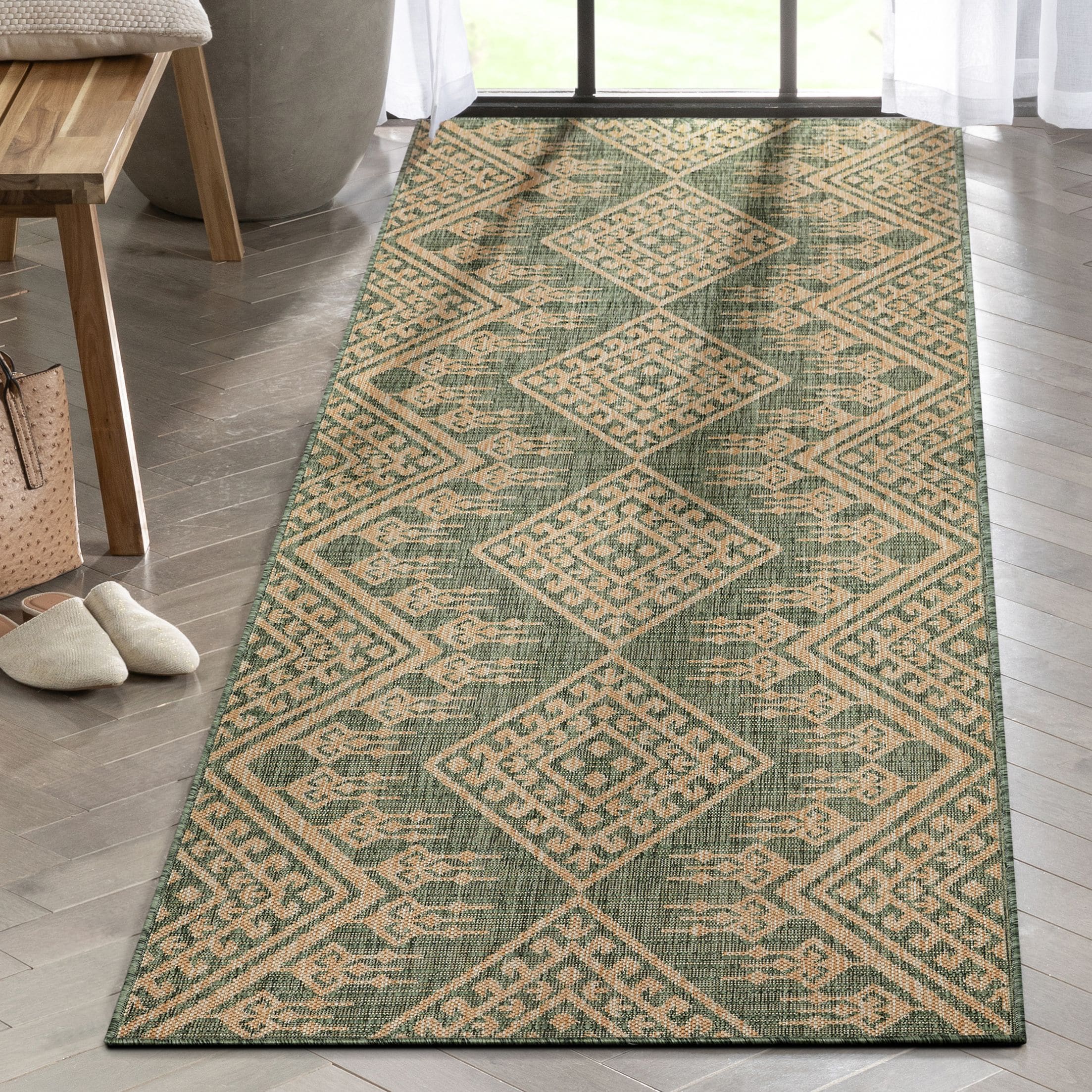 Well Woven MED-195-2L 2 x 9 (ft) Flatweave Polypropylene Green Rectangular Indoor/Outdoor Tribal Mid-Century Modern Runner rug