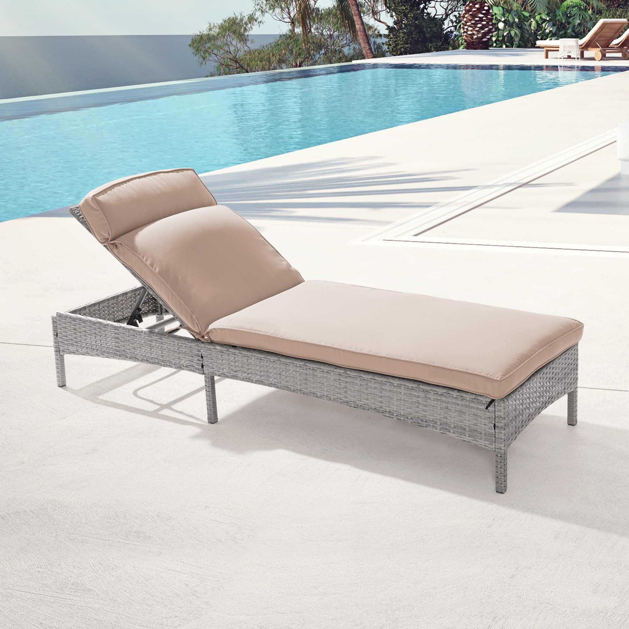 Sonkuki SD-LC-723-SD Chaise Lounges Wicker Sand Steel Frame Stationary Chaise Lounge Chair with Tan Cushioned Seat