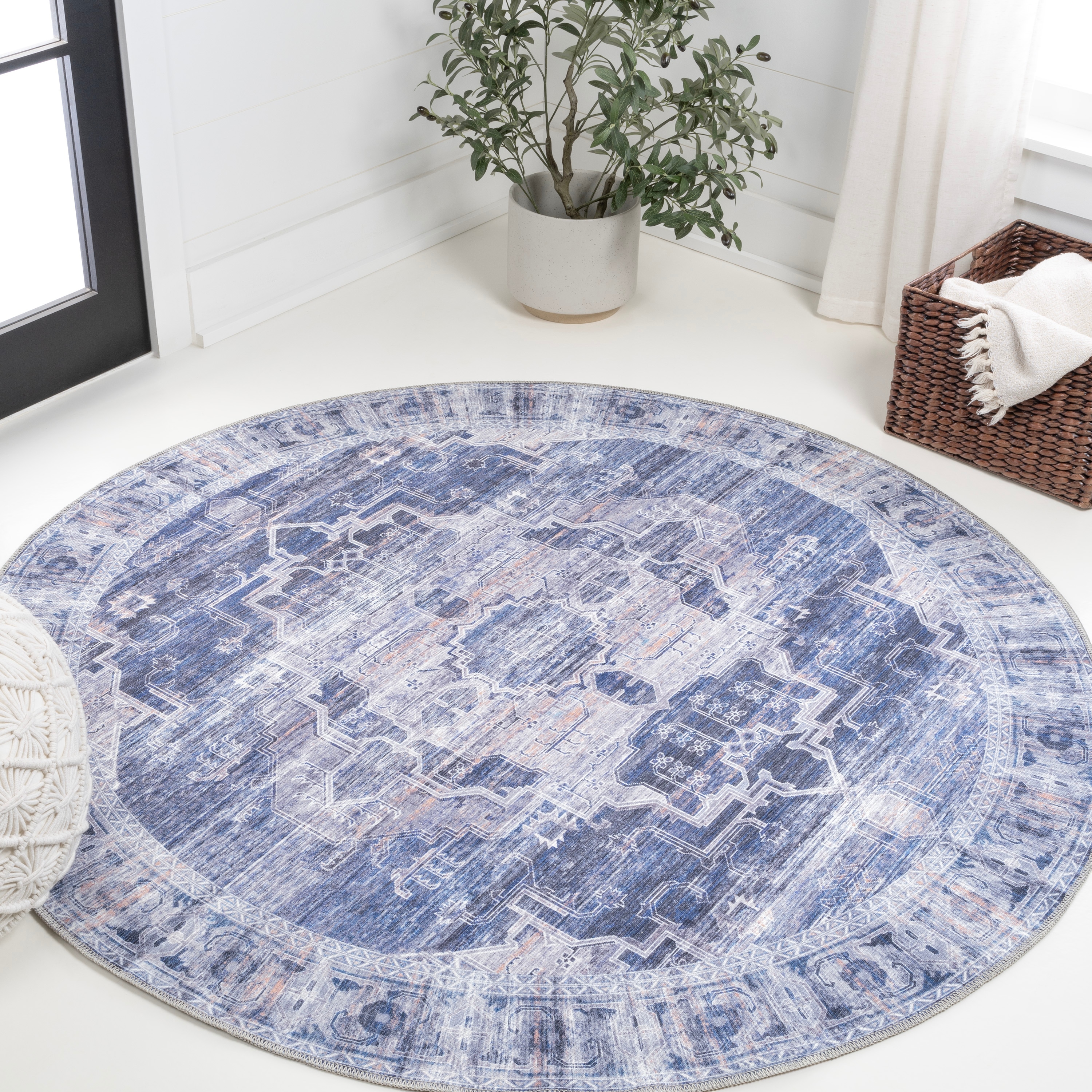 JONATHAN  Y WSH100A-8R WASHABLE Alanya Ornate 8 x 8 (ft) Loomed Polypropylene Navy/Cream Round Indoor Medallion Bohemian/Eclectic Machine washable Area rug
