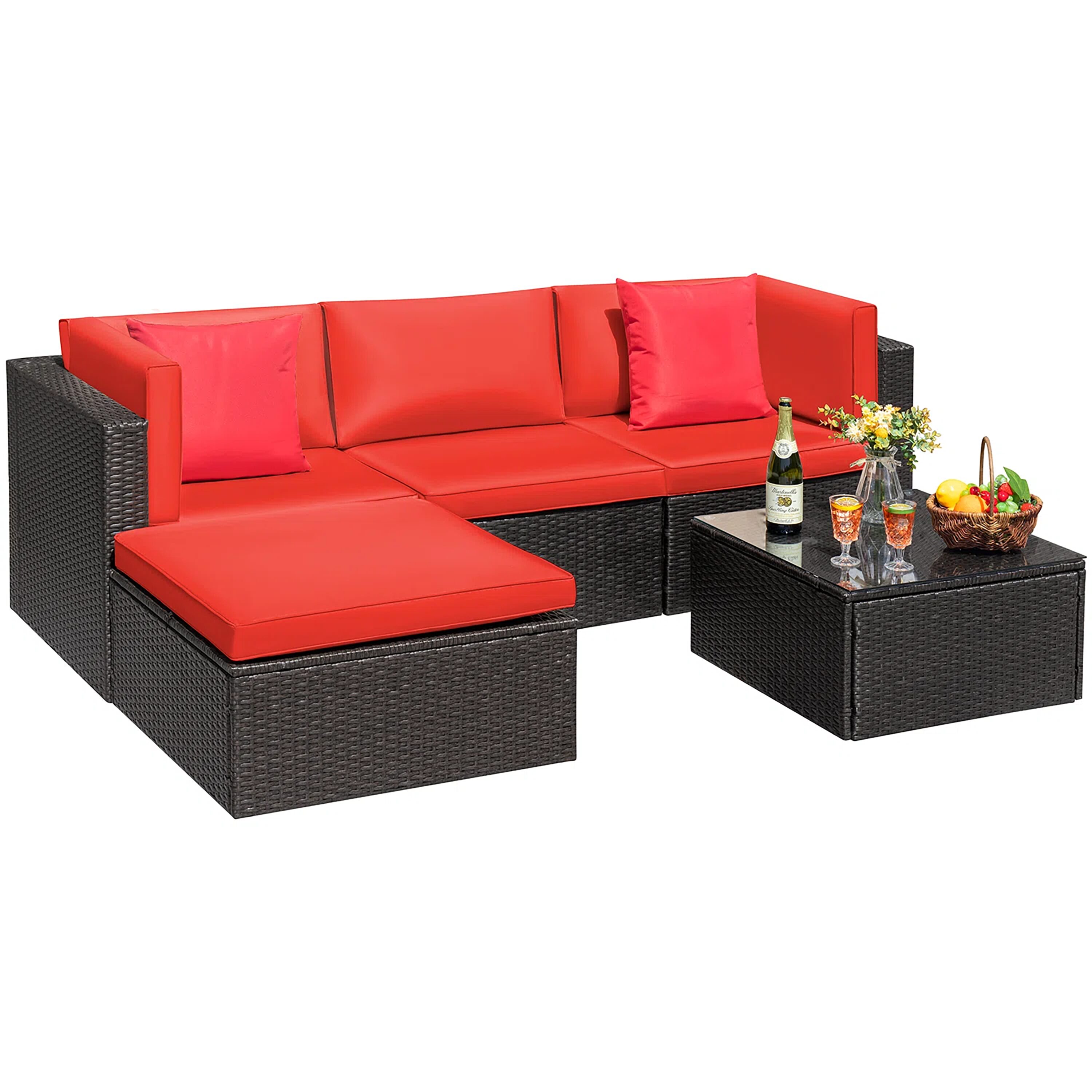 Vineego LS-TBSF2C1A1T1OT01 5 -Piece Wicker 2 Patio Sofa Conversation Set with Red Cushions