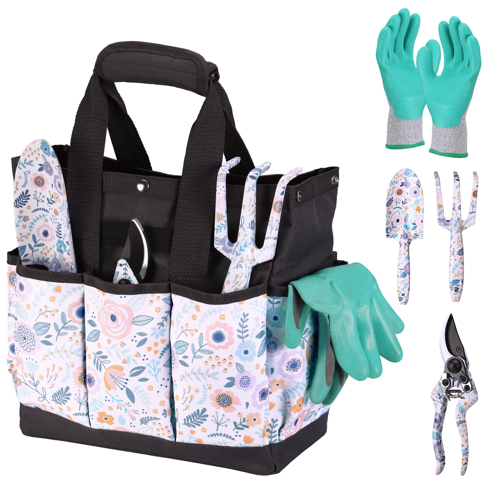 5pcs Garden Tool Set with Flower Pattern Aluminum Hand Tools Trowel Rake Pruning Shear Gloves and 12x12x6in Storage Bag