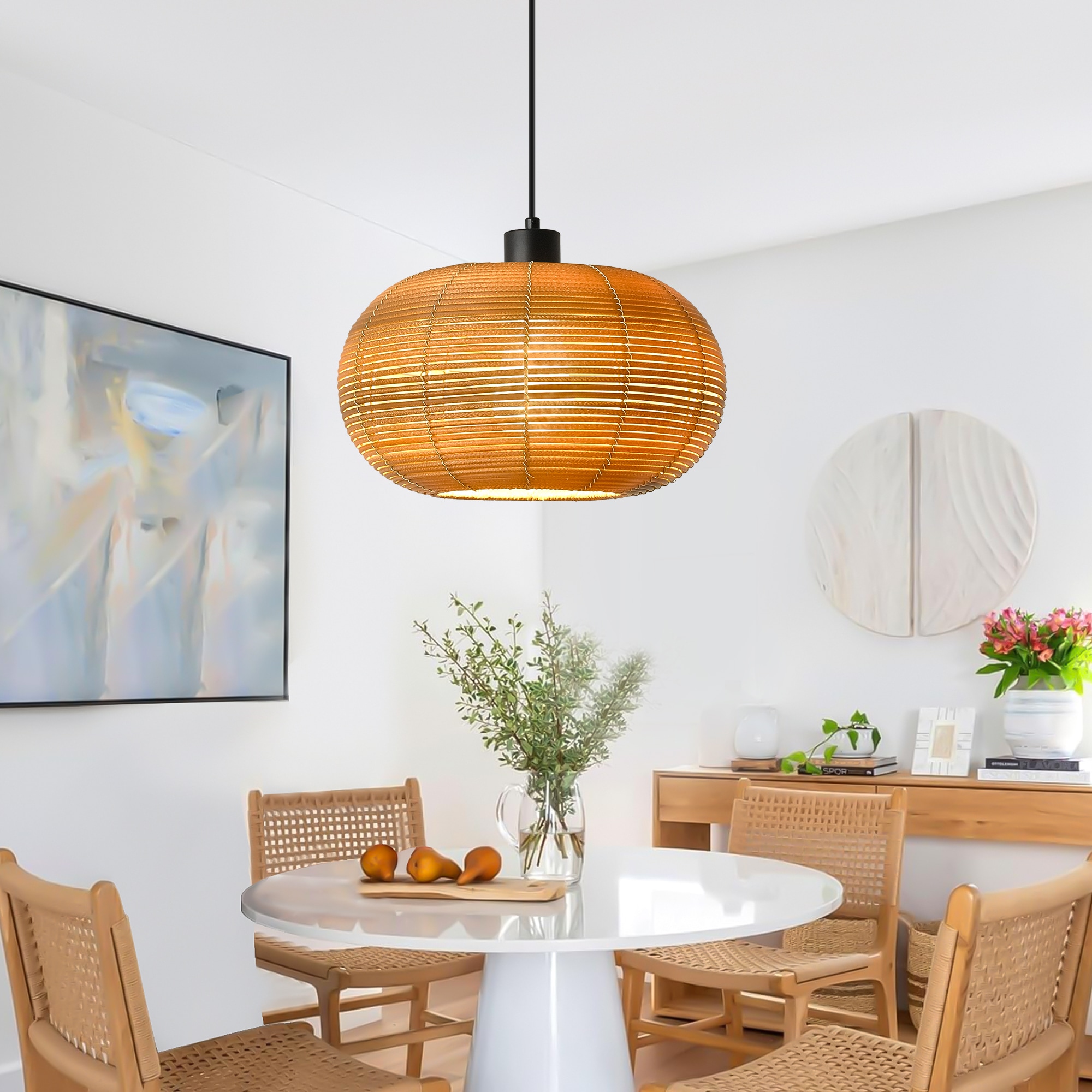 ZSMIHDOH 1 -Light Brown Bohemian/global Rattan Drum Hanging Pendant Light