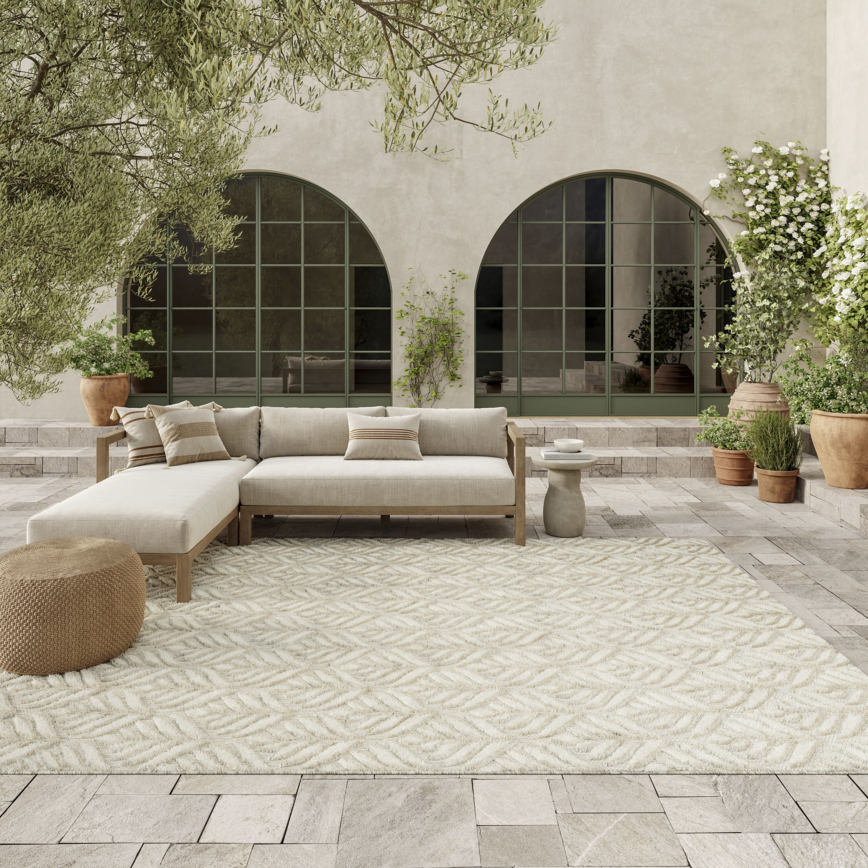 Nourison 099446175069 Aloha 6 x 9 (ft) Loomed Polypropylene Ivory Grey Rectangular Indoor/Outdoor Floral/Botanical Tropical Area rug