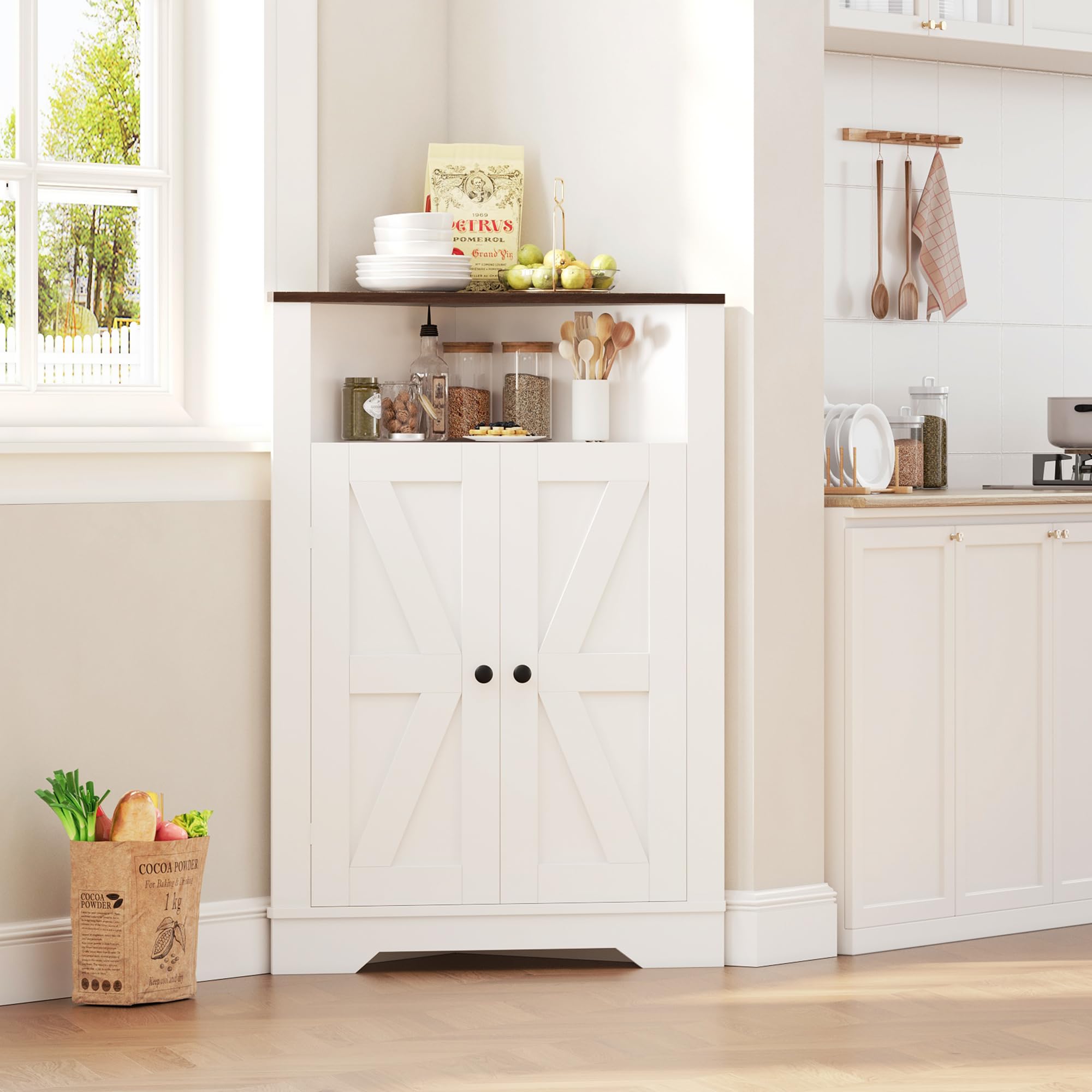 IdealHouse - 38.2 Inch Tall Farmhouse Corner Cabinet with 2 Doors and 3 Storage Shelves - Farmhou...