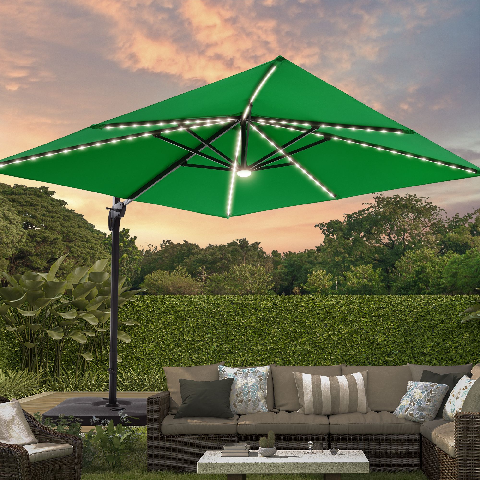 Sonkuki SD-LEDZD33-KG 10-ft Aluminum Green No-tilt Cantilever Patio Umbrella with Lights with Base